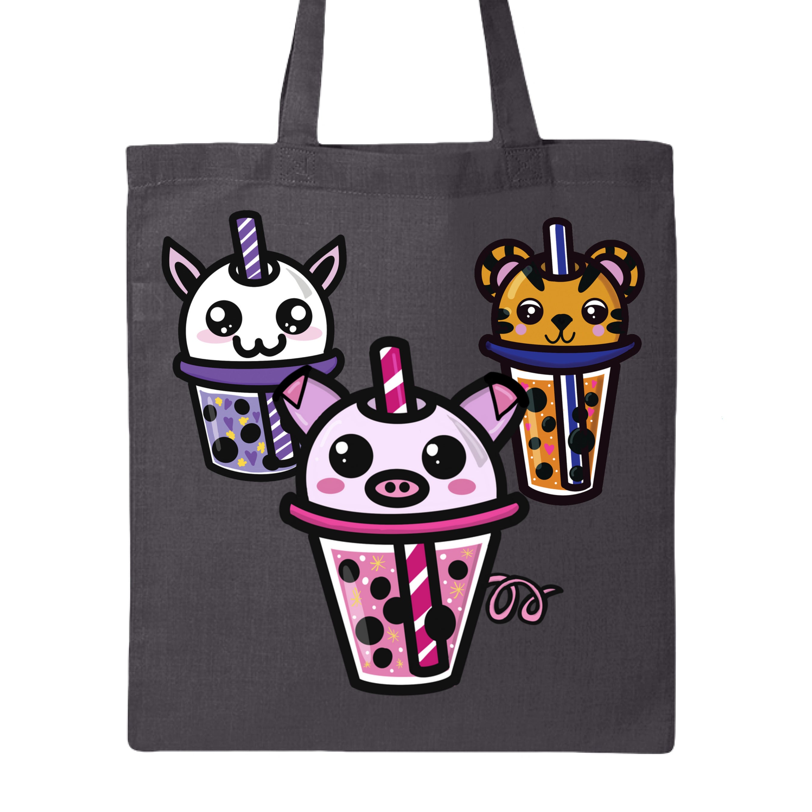 This is the Charcoal Boba Friends Canvas Tote by Dazzle & Daggers Design. This is showcasing the front that features three kawaii designs.The Piggy Boba is pink all over and the glass has pink liquid, boba, yellow sparkles,white dots and peppermint swirl like. Thai Tea Tiger is orange, orange liquid, black boba, white dots, red hearts, blue and white striped straw. The Cryptid Boba is white, purple and white swirl straw, purple liquid, black boba, yellow stars and purple hearts.