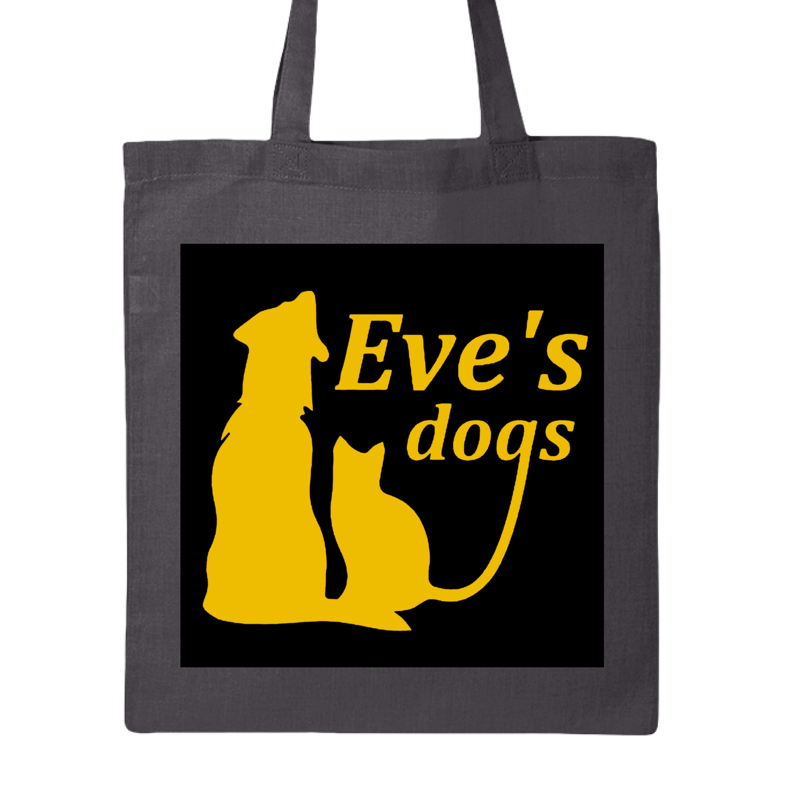 This is the Charcoal Adopt Eve's Dogs Canvas Tote to help raise awareness and adopt. This is showcasing the front of the tote. There is an image of their logo which the background is black, yellow writing of "Eve's Dogs". The "g" connects to the tail of the cat who is sitting next to the dog. Both are yellow shadows. The tote is against a white background. 