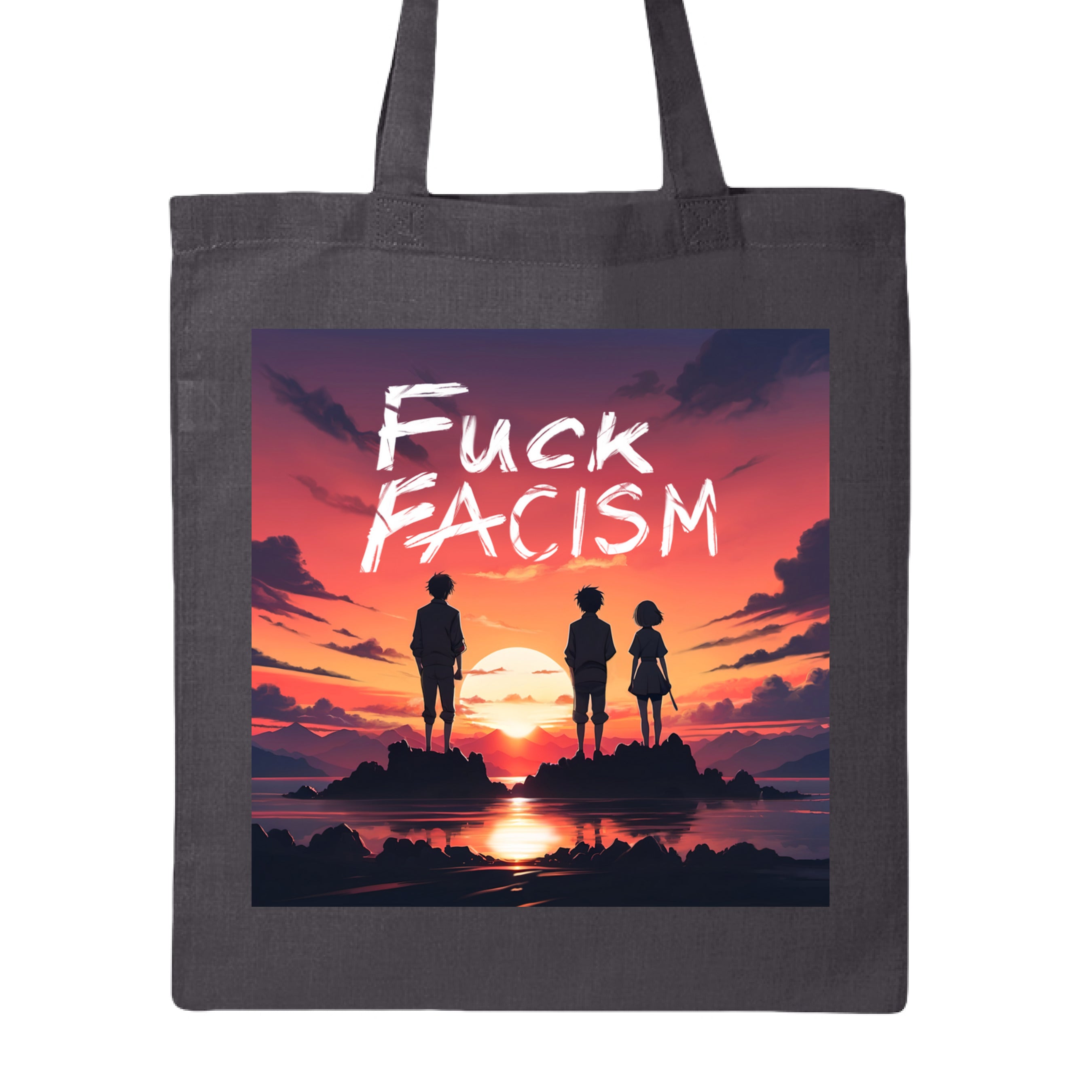 This is the Charcoal Fuck Fascism Canvas Tote by Lee Hansheng Studios. This is showcasing the front of the tote. The image is squared. The illustration has a blazing yellow/red sunset sky, three figures, two guys, one lady stand united, their silhouettes facing towards the sunset on rocky land floating in the middle of the water. The words in white, "FUCK FACISM" near the top. Clouds surrounding the right and left of the image. It is against a white background. 