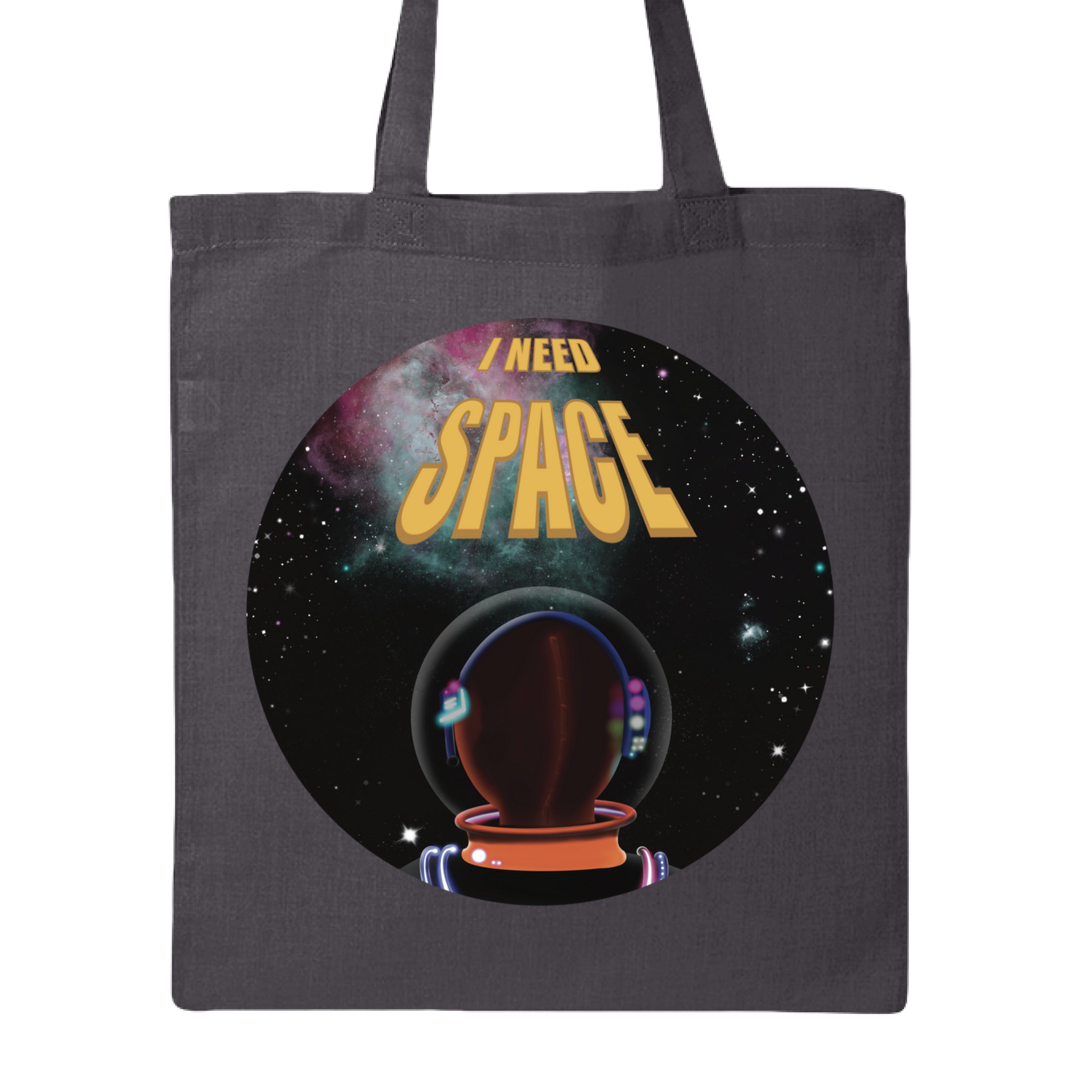 This is the Charcoal I Need Space Canvas Tote by Lee Hansheng Studios. This is showcasing the front of the tote. The design is a circle and of an astronaut facing the front. The astronaut is looking towards space black sky, twinkling green, yellow, pink stars and nebula that is pink/red and green closer to the left. The words in yellow, "I NEED SPACE" in the middle, space being larger font than I need. It is against a white background. 