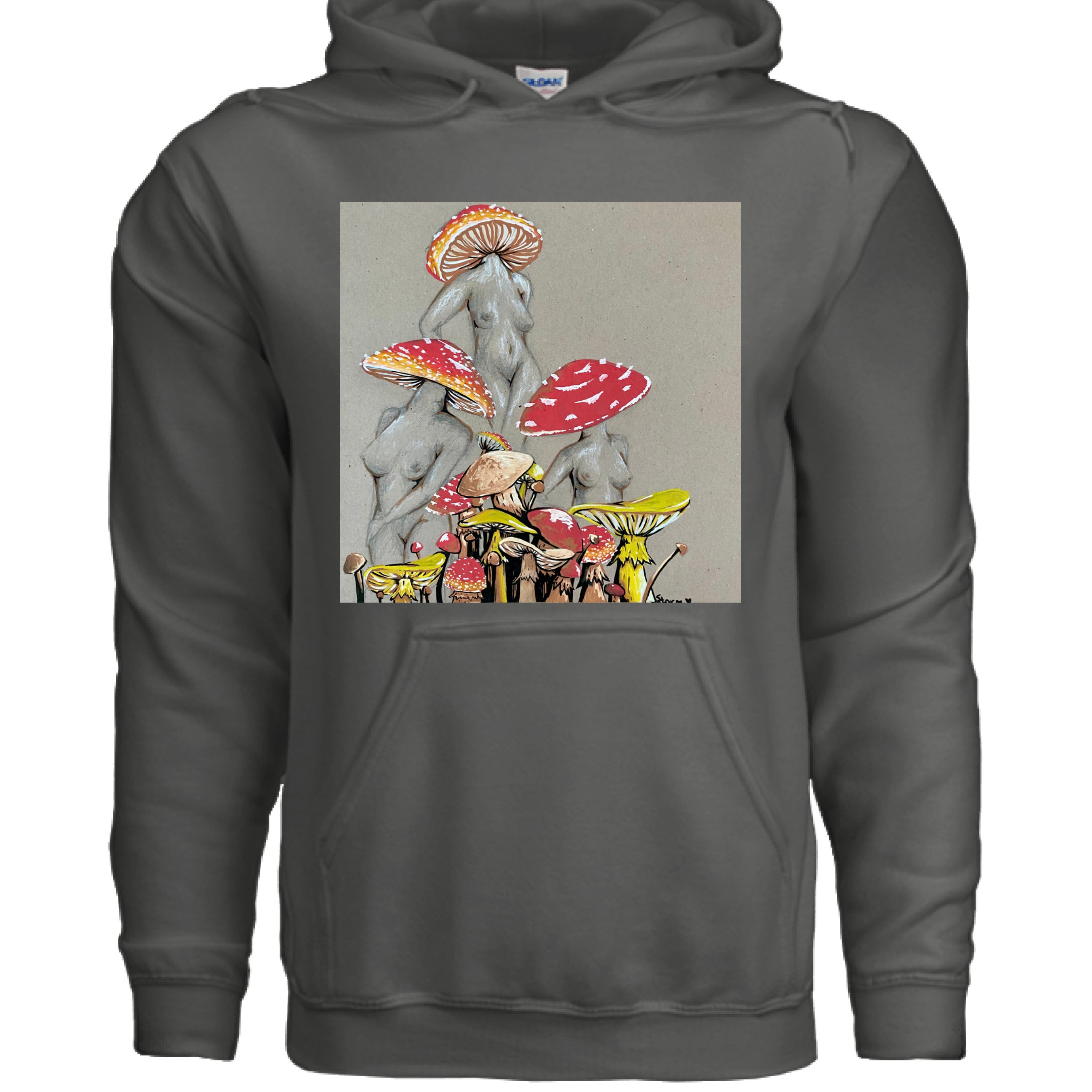 This is the Charcoal Miss Amanita Hoodie by Storm Garden Studio. This is showcasing the front. This illustration is on tan/grey background. There are three fusions of female human anatomy and mushroom fungi. Their heads are different styles of mushrooms, bodies are a gray/white outlined in brown. Below are different mushrooms and shapes with a mix of tan, red, white and yellow colors. The pouch is right under the image and drawstrings on the hoodie. It is against a white background. 