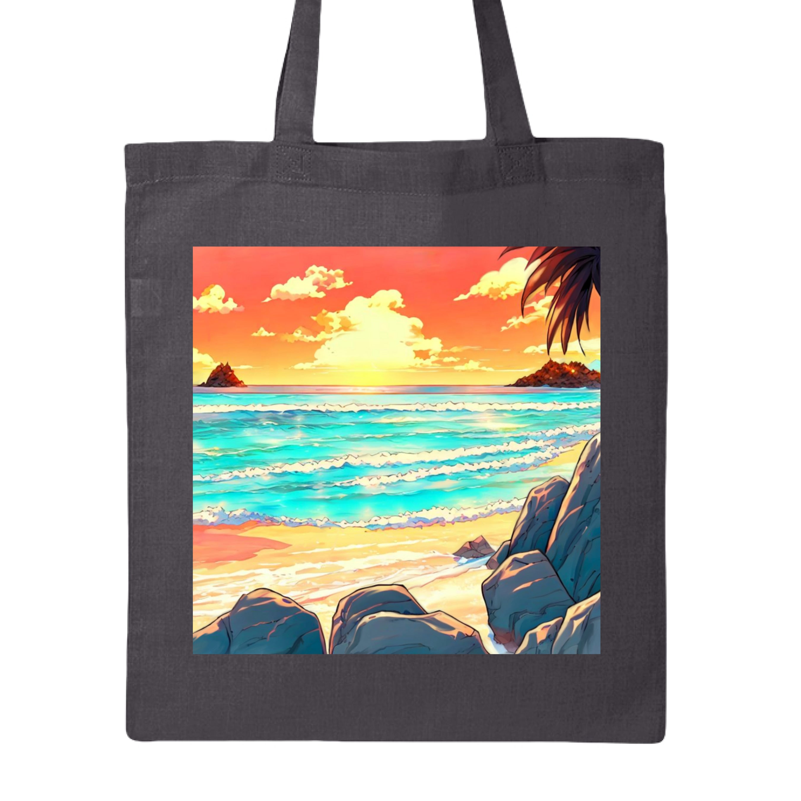 This is the Charcoal Sunset on the Beach Canvas Tote by Lee Hansheng Studios. This is showcasing the front of the tote. The illustration features a glowing golden sun, turquoise/white waves, and soft tan sands framed by tropical palms that look orange in the light and rocky shores that are grey and green. It is against a white background. 
