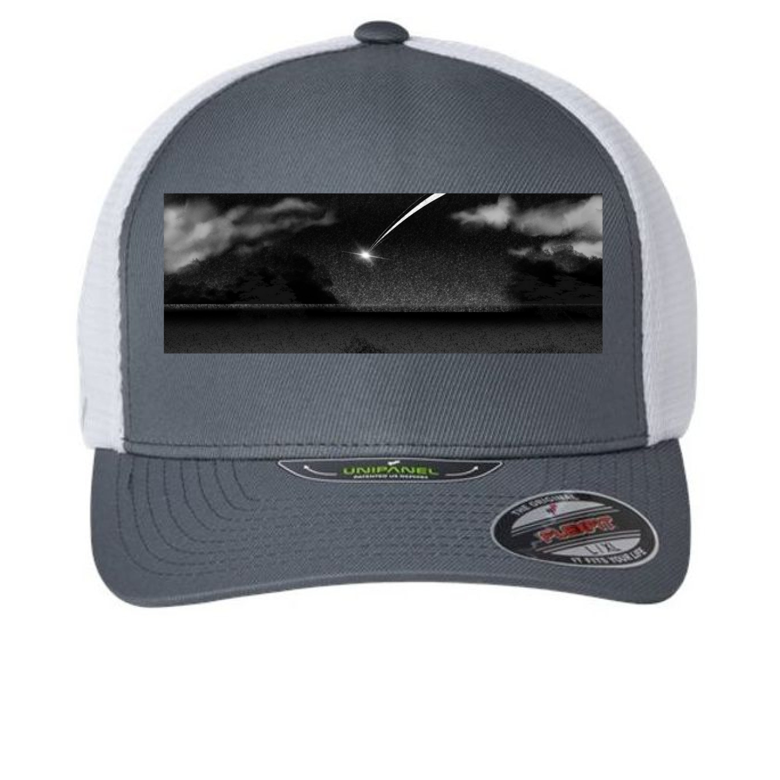 This is the Charcoal/White Star Fall Cap by Lee Hansheng Studios. This is showcasing the cap from the front. The illustration is a meteor streaking through the sky. It is a moody piece that as gradients of black and grey, a little pixelated with white clouds in the forefront. The meteor is also white. It is against a white background.