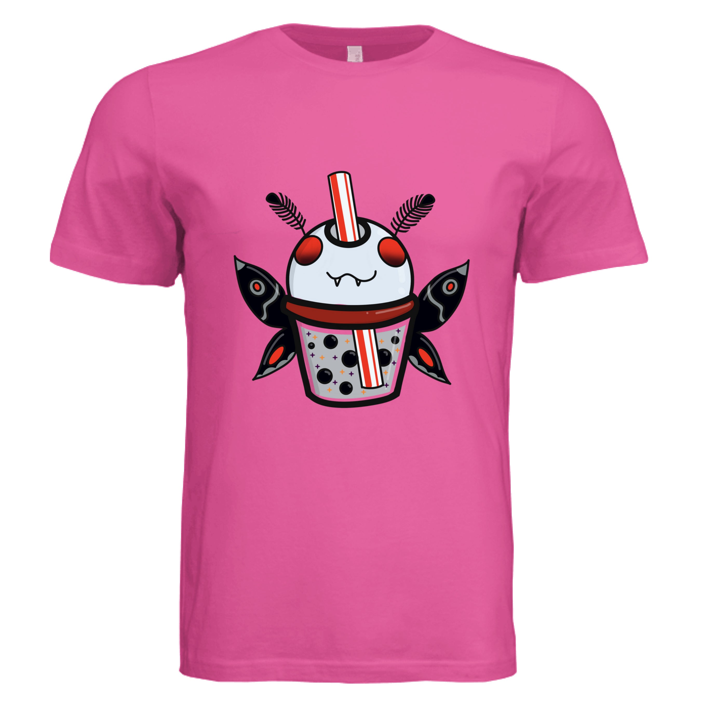 This is the Charity Pink Mothman Boba T-Shirt by Dazzle & Daggers Design. This is showcasing the front of the shirt. There is an illustration of a moth boba that is gray, red eyes, inside the glass is gray with black boba, red dots, black, red, gray both wings and fluffly black antennas, red and white striped straw. It is against a white background.