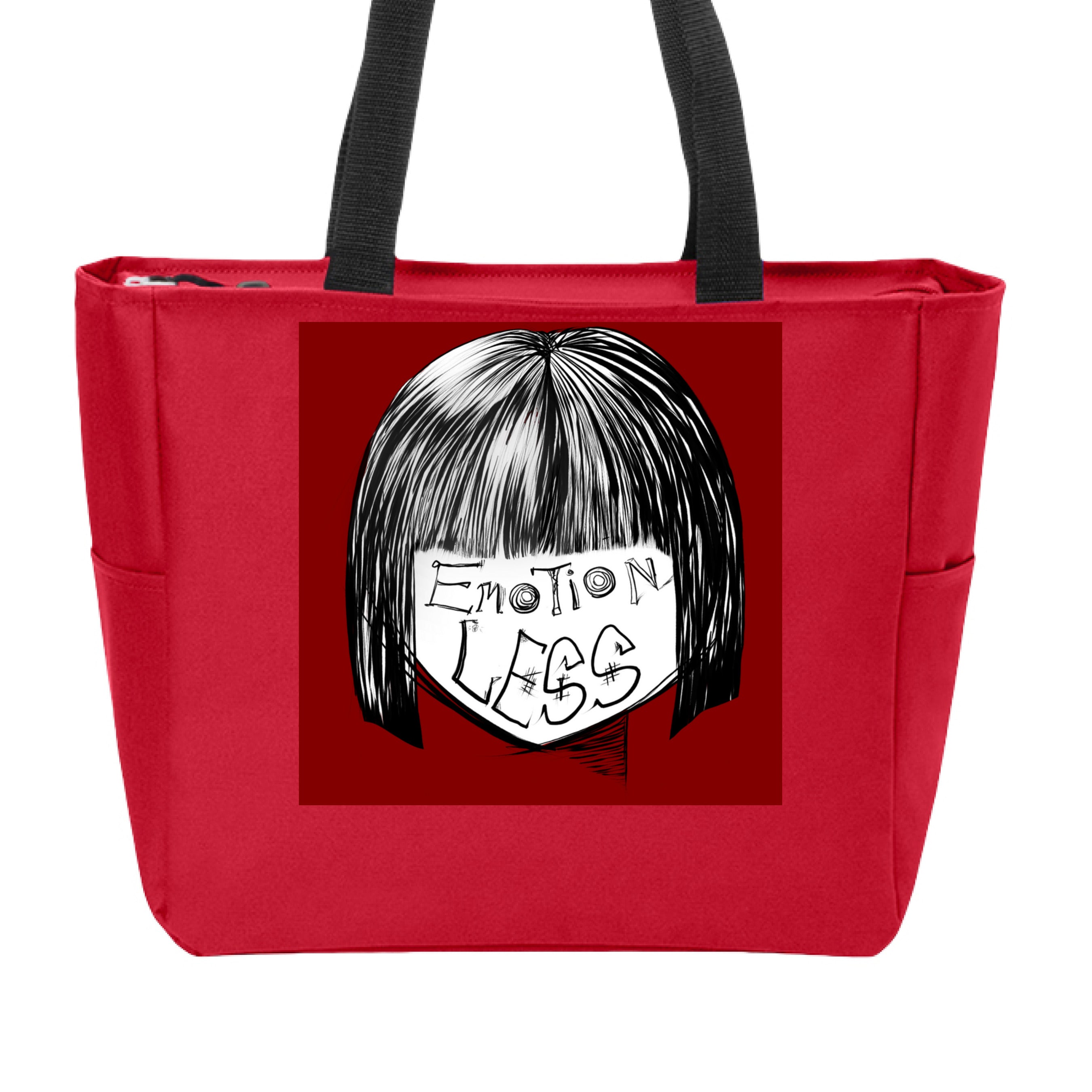 This is the Chili Red Emotionless Zip Tote by Lee Hansheng Studios. This is showcasing the front. The handles are black. This illustration is squared and features exploring themes of identity, silence, and hidden emotion through stark contrasts of black, white, and deep red. There are the words,"Emotionless" written in black on the face. Hair is white and black and the background is a dark deep red. The tote is against a white background. 