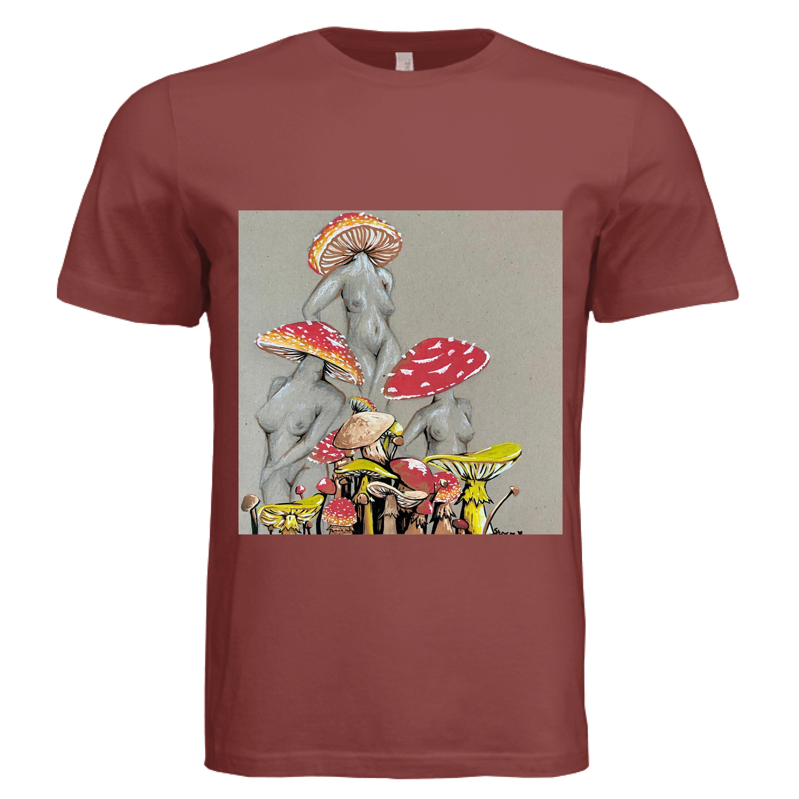 This is the Clay Miss Amanita T-Shirt by Storm Garden Studio. This is showcasing the front. This illustration is on tan/grey background. There are three fusions of female human anatomy and mushroom fungi. Their heads are different styles of mushrooms, bodies are a gray/white outlined in brown. Below are different mushrooms and shapes with a mix of tan, red, white and yellow colors. It is against a white background.