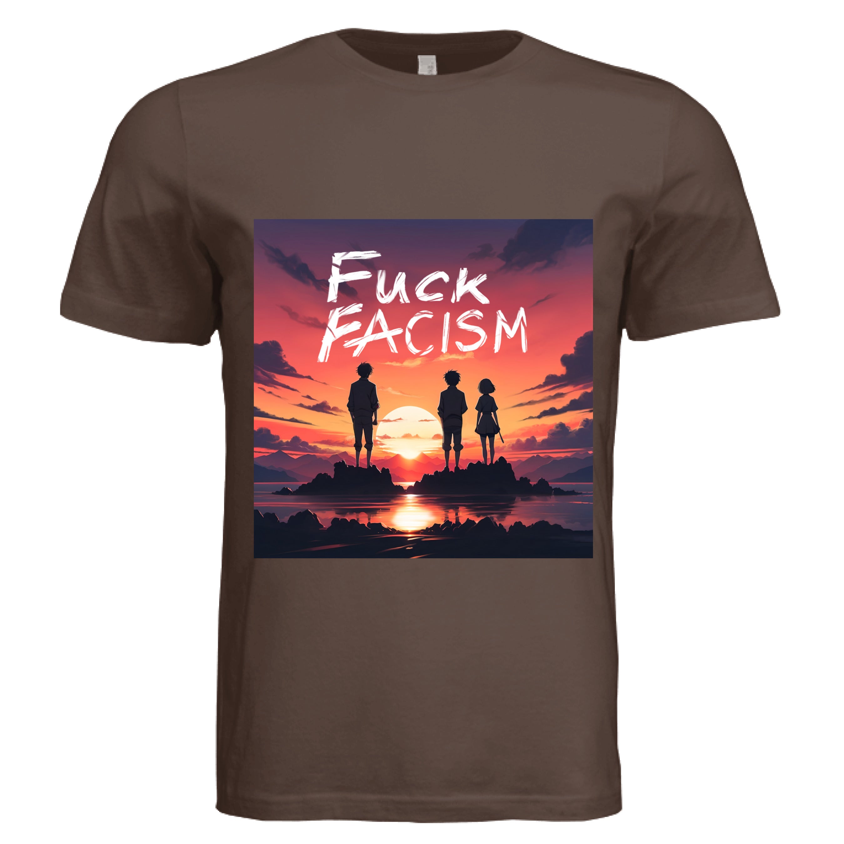 This is the Cocoa Fuck Fascism T-Shirt by Lee Hansheng Studios. This is showcasing the front of the shirt. The illustration has a blazing yellow/red sunset sky, three figures, two guys, one lady stand united, their silhouettes facing towards the sunset on rocky land floating in the middle of the water. The words in white, "FUCK FACISM" near the top. Clouds surrounding the right and left of the shirt. The white size label can be seen from the back of the shirt. It is against a white background. 