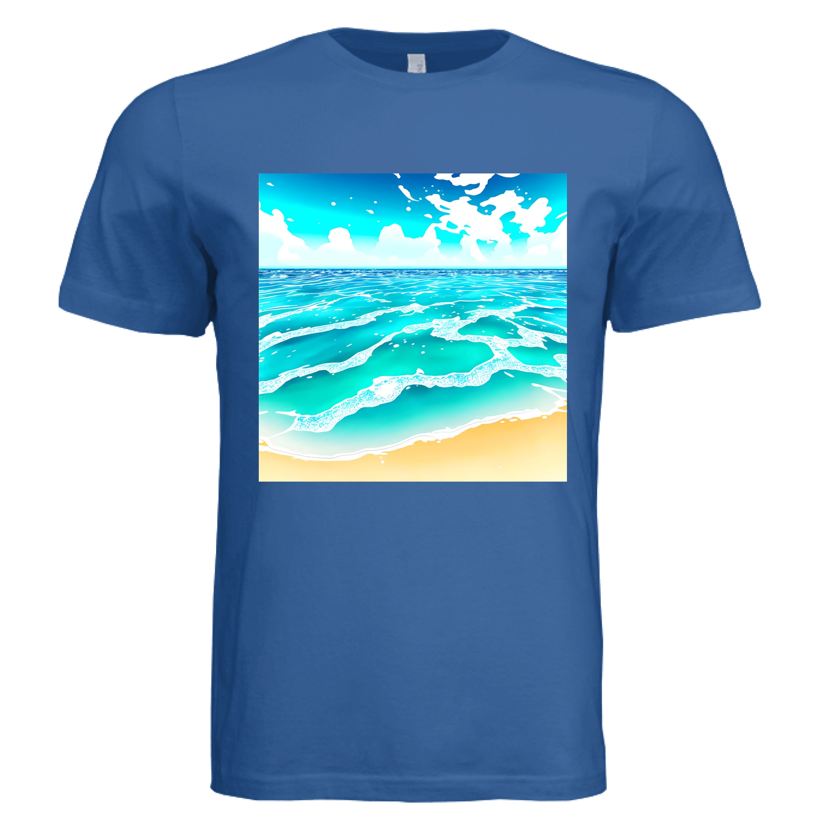 This is the Columbia Blue Beach Life T-Shirt by Lee Hansheng Studios. This showcases the front of the shirt. The squared illustration captures rolling turquoise waves, crisp white foam, and a stretch of golden sand under a brilliant blue sky that has clouds floating in the horizon. The sky is a gradient from light blue to darker blue. The shirt is against a white background. 