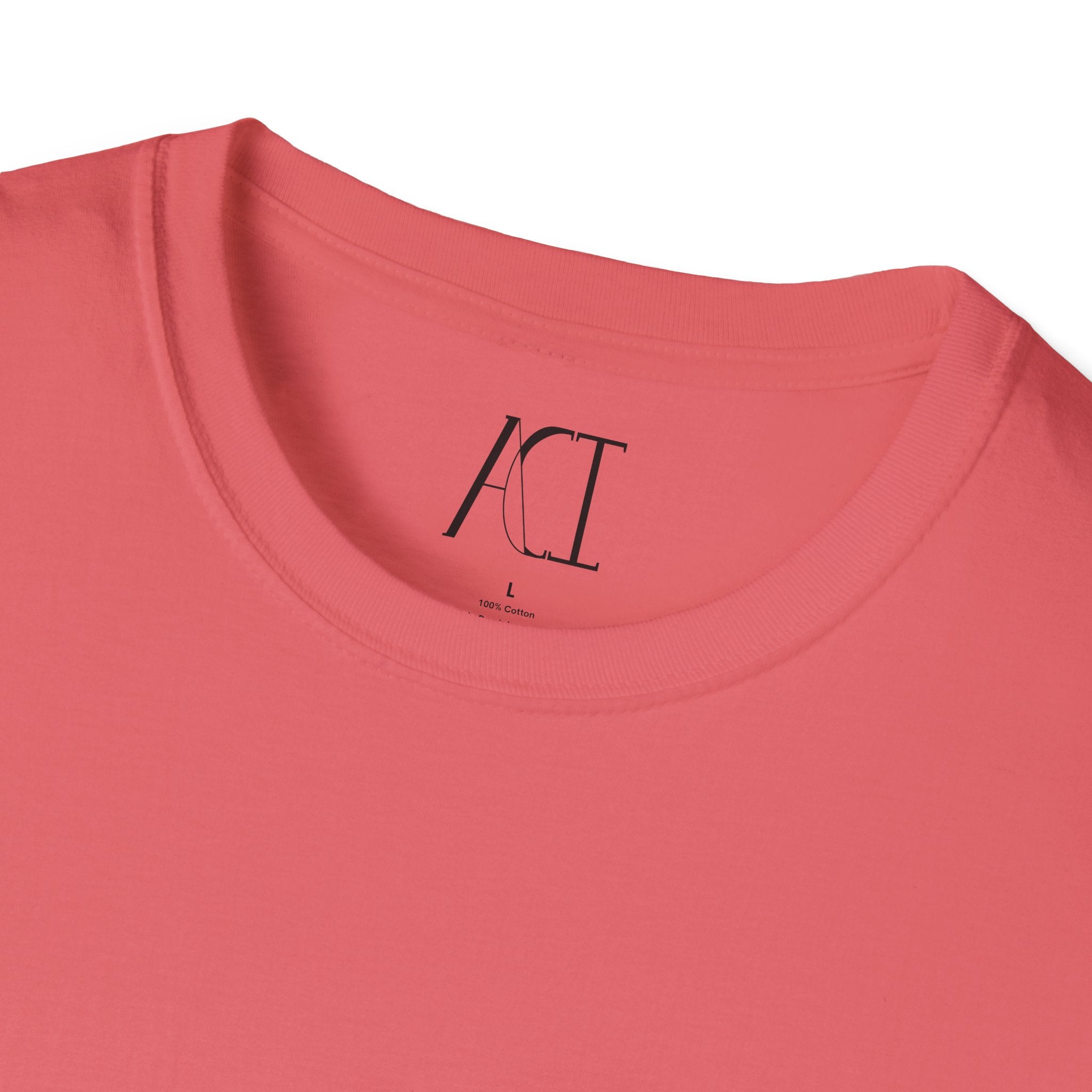 This is the Coral Silk ACI T-Shirt that shows an image of the seams from the neck. The size label and ACI logo printed on the inside of the shirt. The size label print is white whereas the logo is black.