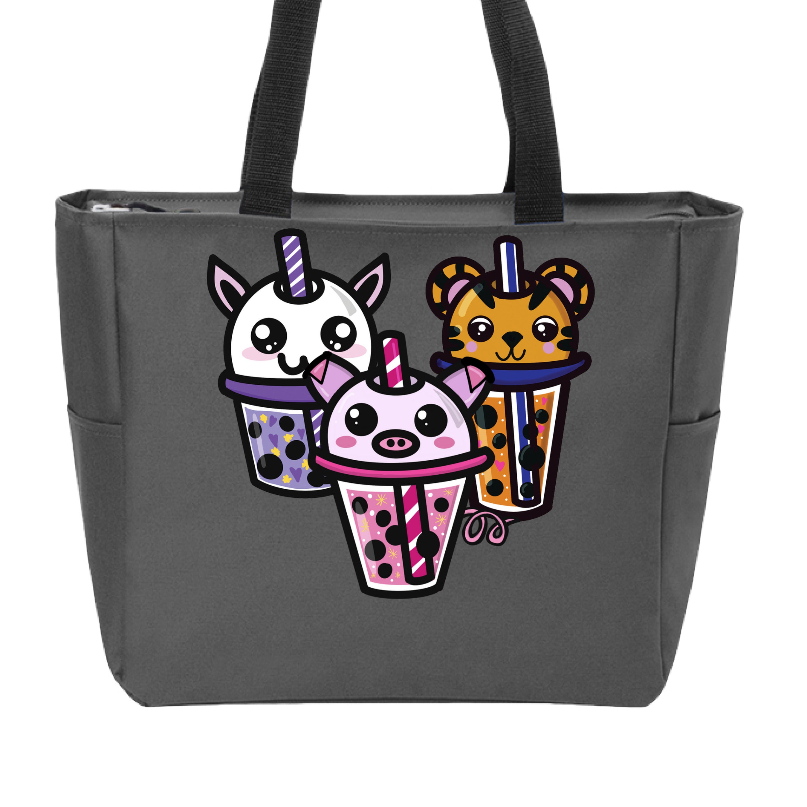 This is the Dark Charcoal Boba Friends Zip Tote by Dazzle & Daggers Design. This is showcasing the front that features three kawaii designs.The Piggy Boba is pink all over and the glass has pink liquid, boba, yellow sparkles,white dots and peppermint swirl like. Thai Tea Tiger is orange, orange liquid, black boba, white dots, red hearts, blue and white striped straw. The Cryptid Boba is white, purple and white swirl straw, purple liquid, black boba, yellow stars and purple hearts. The handle is black.
