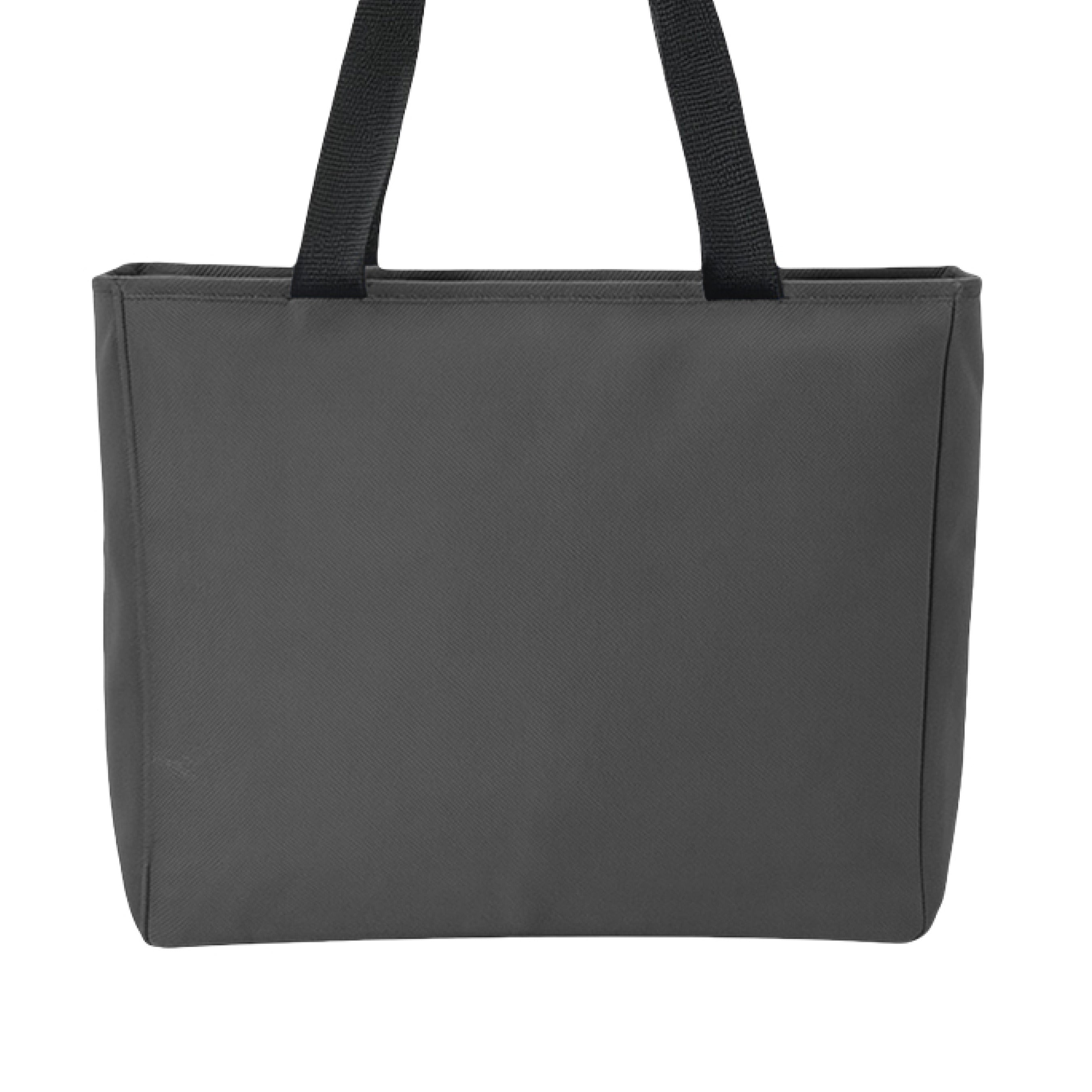 This is the Dark Charcoal Emotionless Zip Tote by Lee Hansheng Studios. This is showcasing the back. The handles are black. There are no illustrations or images. It is against a white background. 