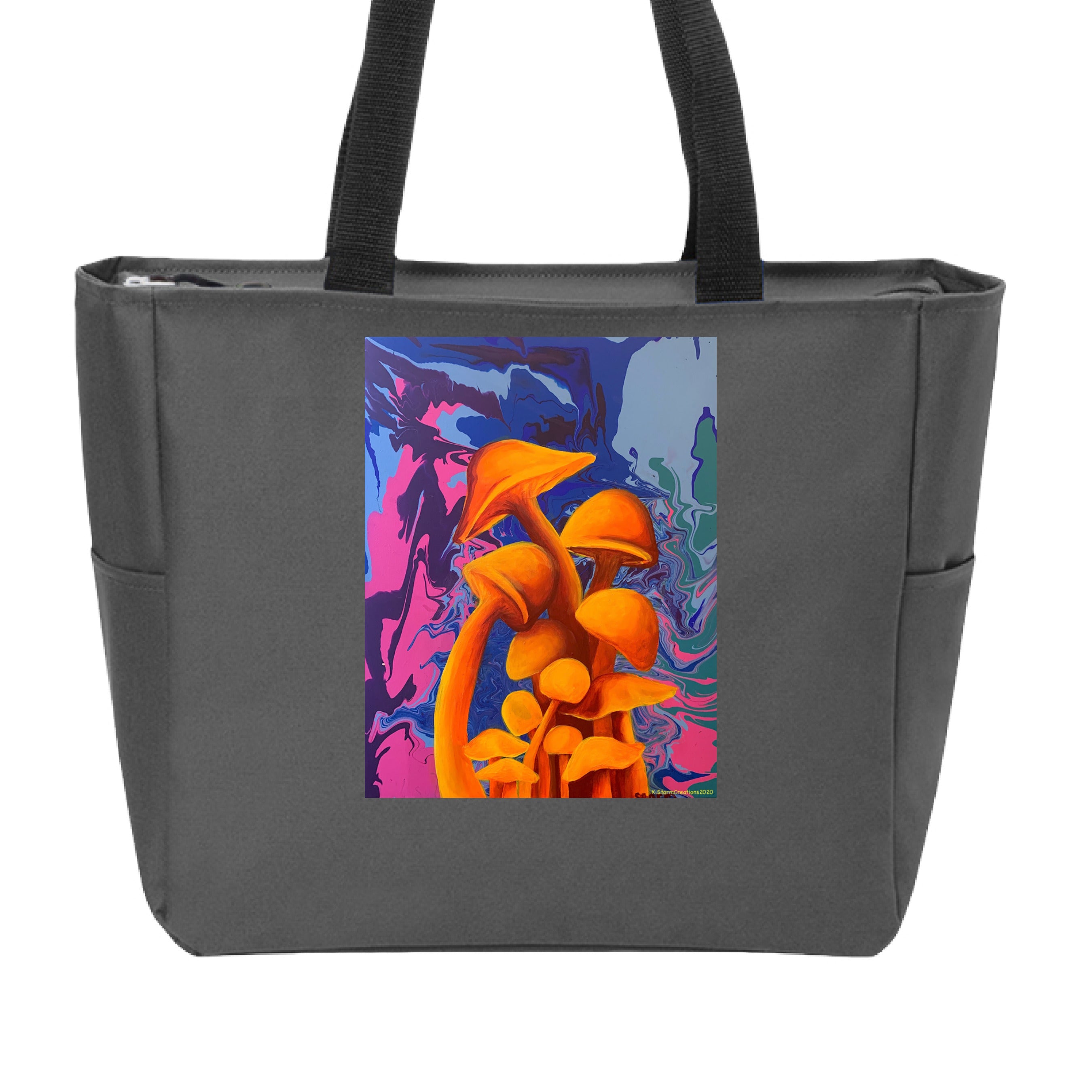 This is the Dark Charcoal Mushroom Zip Tote by Storm Garden Studio. This is showcasing the front of the tote.  The handles are black. The illustration is of 11 blazing orange fungis with a swirling background that includes blue, green, dark blue, purple and pink colors. The mushrooms are different shapes and sizes starting form the middle and reaching towards the top. It is against a white background.