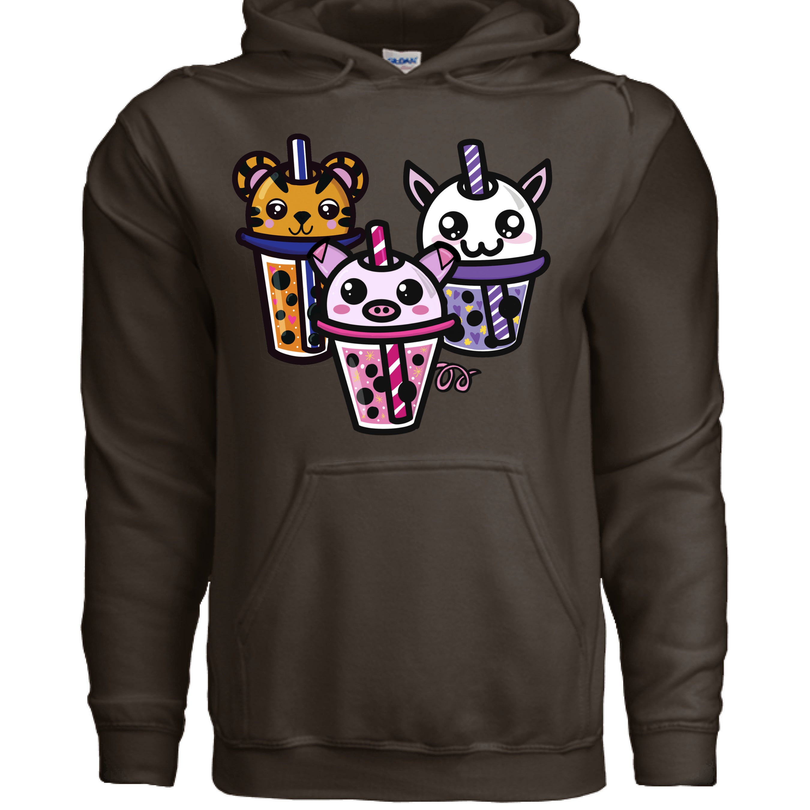 This is the Dark Chocolate Boba Friends Hoodie by Dazzle & Daggers Design.This is the front,three kawaii designs.The Piggy Boba is pink all over and the glass has pink liquid, boba, yellow sparkles,white dots and peppermint swirl like.Thai Tea Tiger is orange,orange liquid,black boba,white dots,red hearts,blue and white striped straw.The Cryptid Boba is white, urple and white swirl straw,purple liquid,black boba,yellow stars and purple hearts.The hood with drawstrings and large pocket below the design.