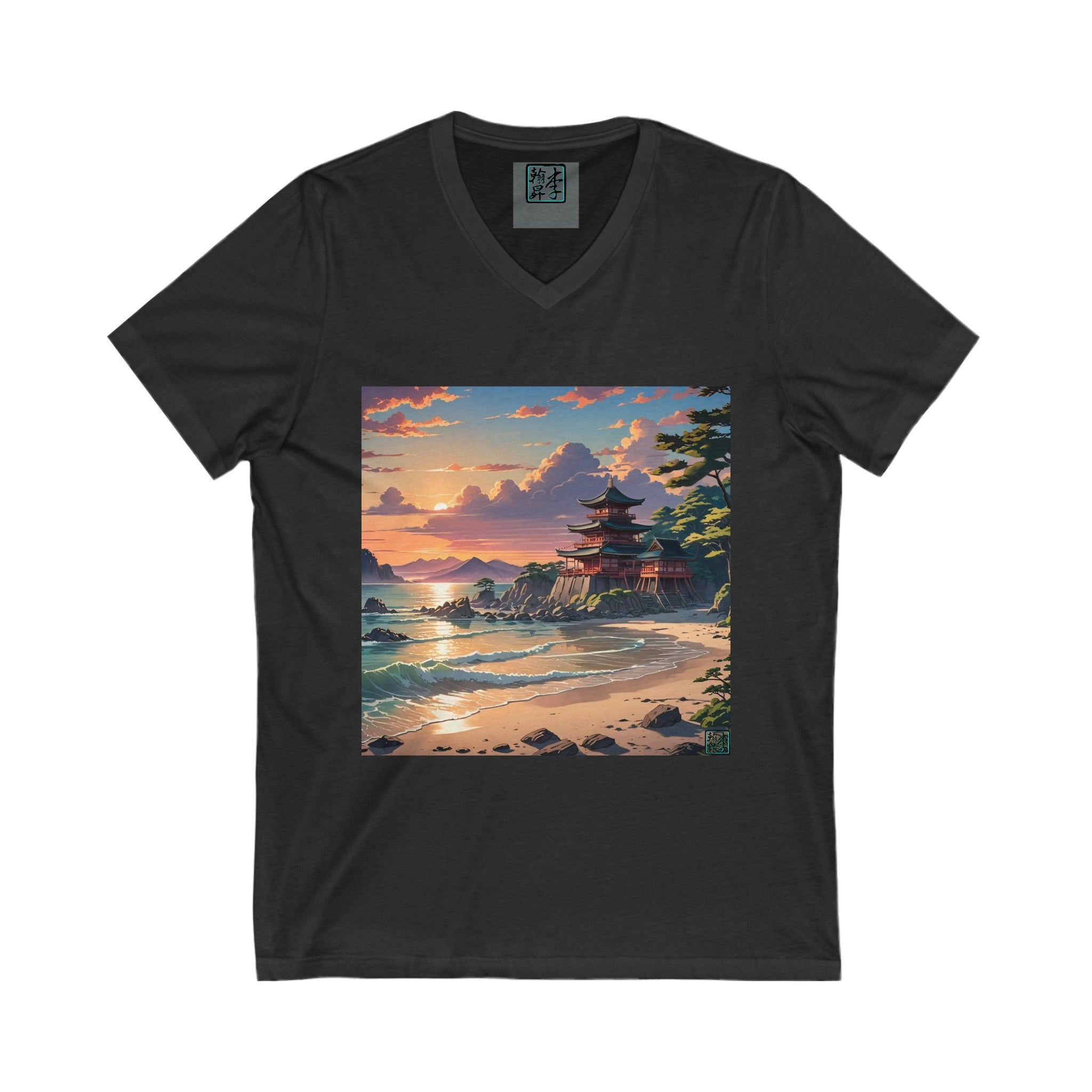 This is the Dark Grey Heather Temple of Peace V-Neck T-Shirt by Lee Hansheng Studios in sizes S-2XL.This showcases the front of the t-shirt.The inside of the shirt there is the studio's logo on a gray backing and size label.The illustration shows a setting red/orange sun above clouds,two blue roof,brown/red walled temples on the right on top of the hills,mountains,blue/white waves into sand and a forest to the right.Bottom right corner is the logo printed in black for the studio and outlined in blue.