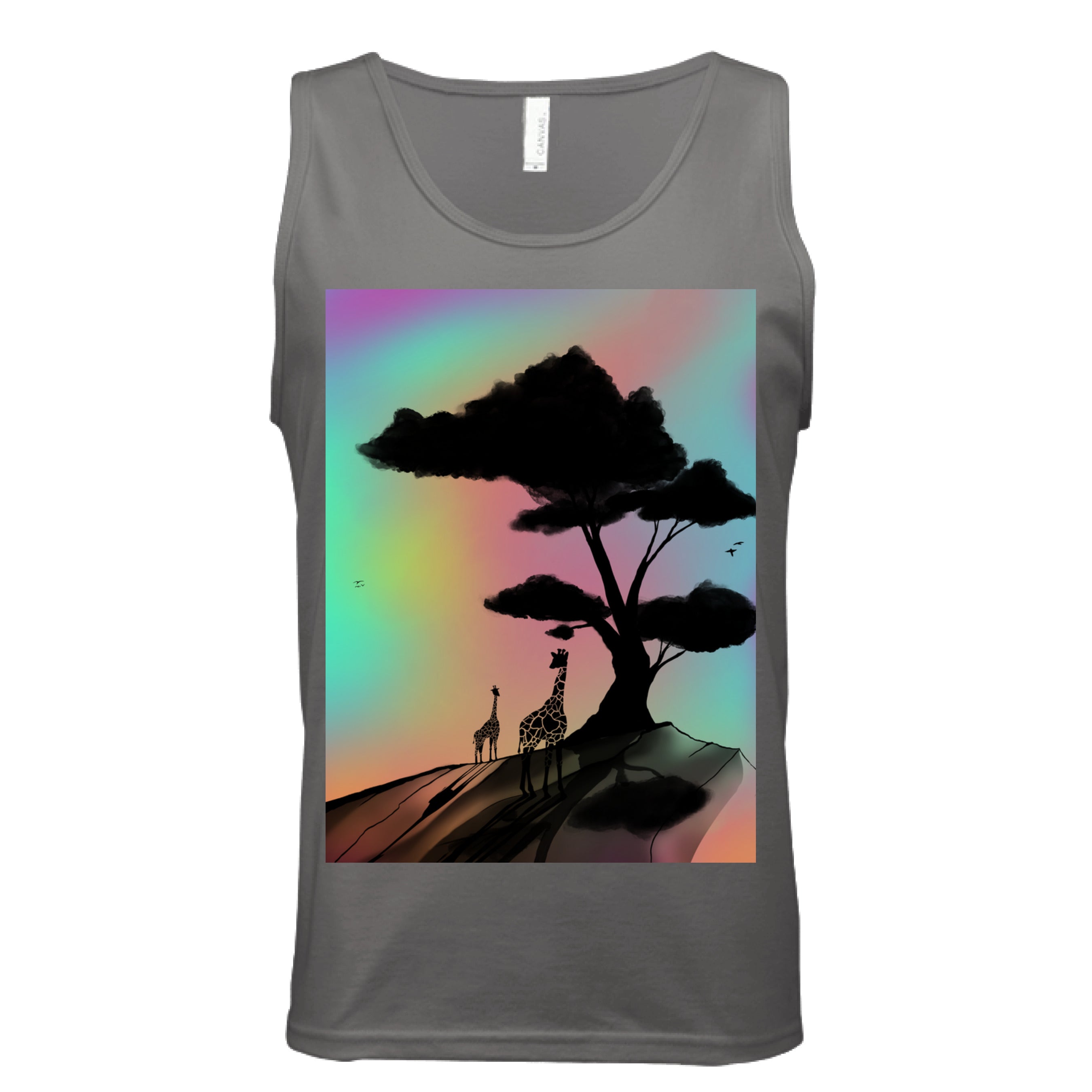 This is the Dark Grey At A Glance Tank by Lee Hansheng Studios. This is showcasing the front of the tank. The illustration is a sillouhette of a large tree, two giraffes on a rocky hill. In the background are hues and gradients of green, yellow, purple, and red. The giraffes are looking towards to each other. It is against a white background.