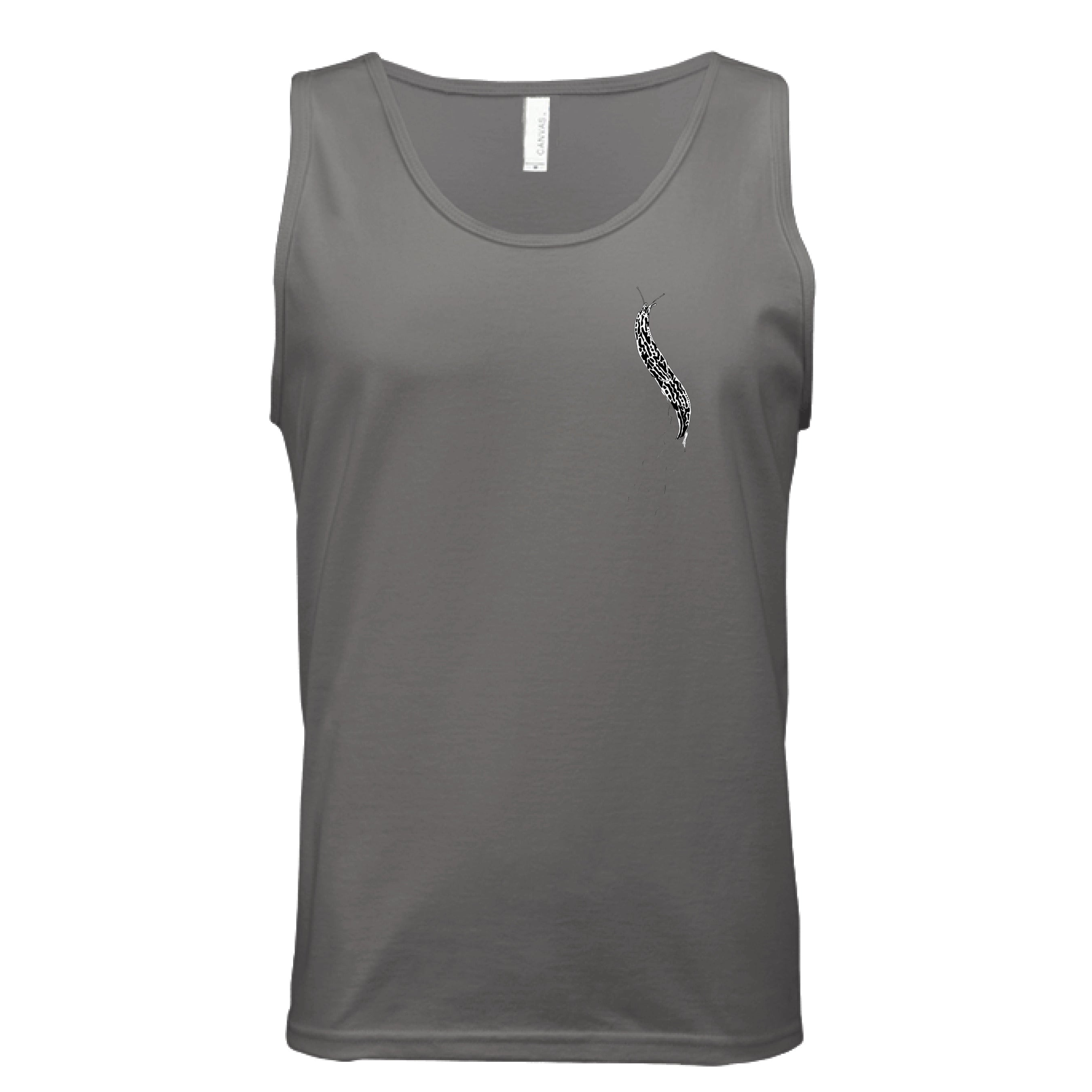 This is the Dark Grey Banana Slug Tank by Storm Garden Studio. This showcases the front of the tank. There is a banana slug in black and white on the left chest. There is a large pouch too. It is against a white background. 
