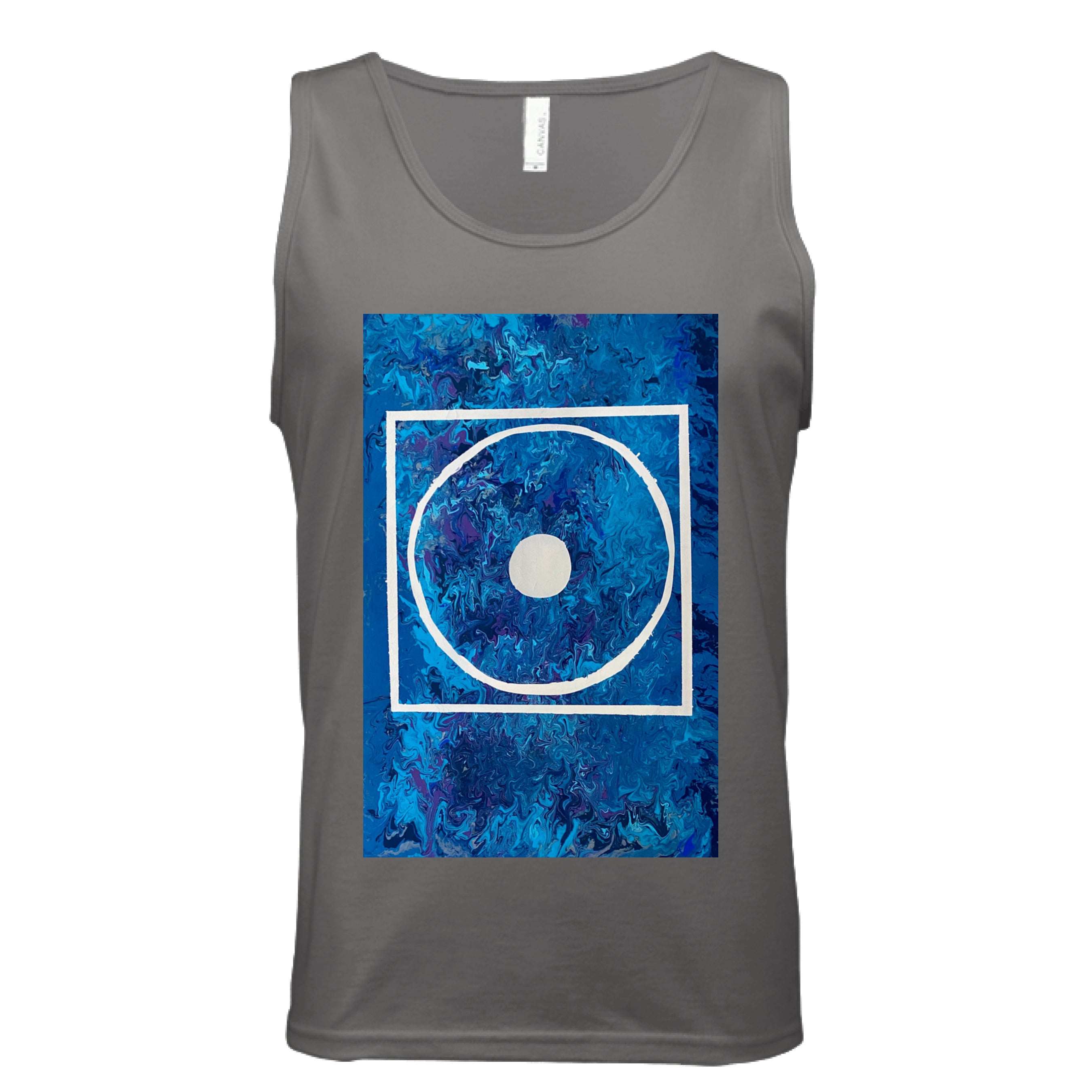 This is the Dark Grey Big Low Tank by Storm Garden Studio. This is showcasing the front of the tank. The illustration is rectangular and has a white filled in dot, within a outlined circle, within a outlined rectangle. The background is a mix and dip of different blues. It is against a white background.
