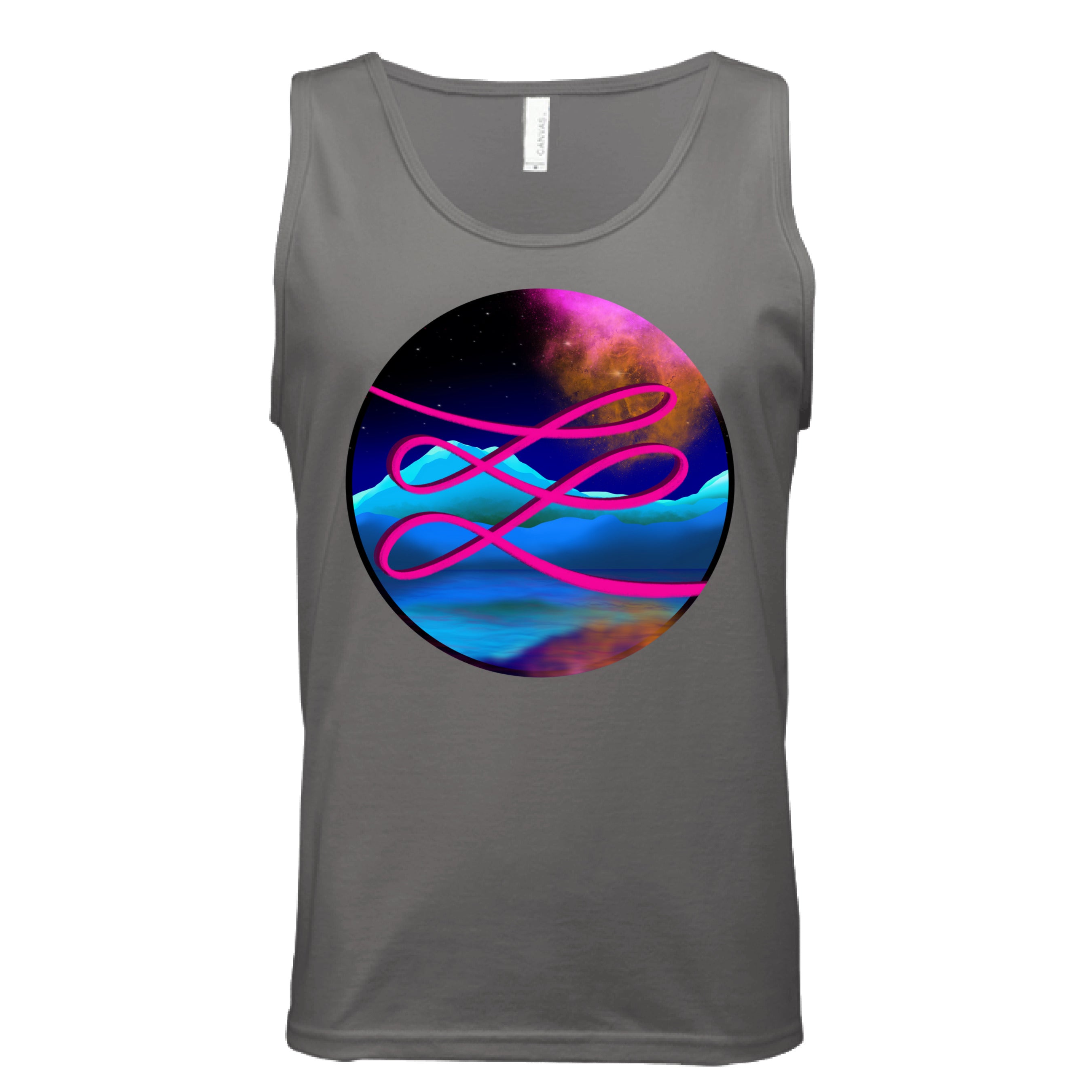 This is the Dark Grey Calligraphers Swirl Tank by Lee Hansheng Studios. This is showcasing the front. The illustration is circular and has a neon pink handwritten lines across the whole art. The background is a cosmic drop with blue mountains, galaxy like sky with dark purple, pink and orange colors. It is against a white background.