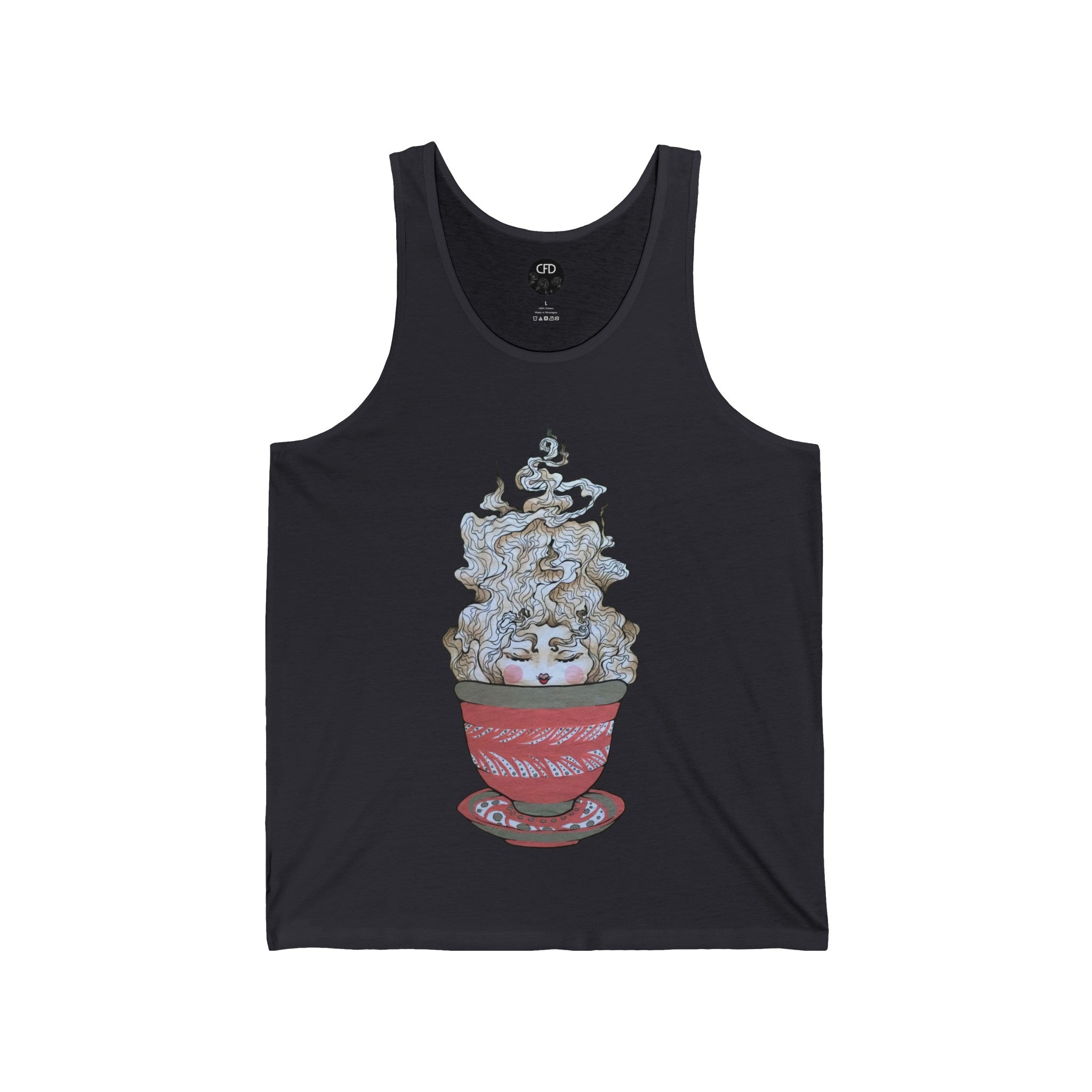 This is the Dark Grey Green Tea Tank by Chris Foster Design. It comes in sizes XS-2XL and shows the front of the shirt. The illustration is a red,white and dark green teacup with plate set. The mist from the teacup is white and red going upwards. There is a lady face in the middle of the teacup with red blushing cheeks, red open lips and eyebrows that float outwards. On the inside of the shirt is the CFD black circular logo with flowers and print in white. The size label beneath logo is printed in black.