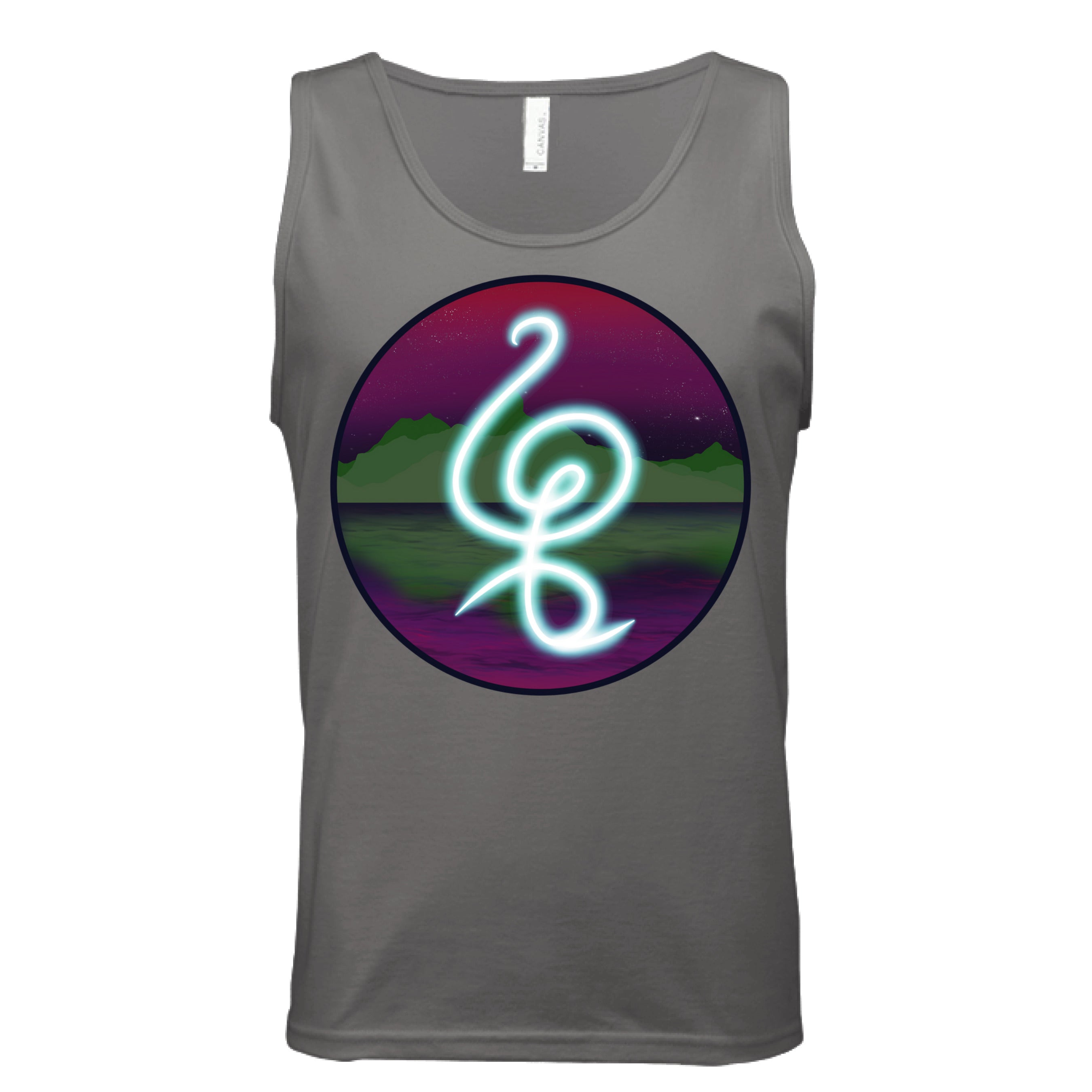 This is the Dark Grey Hakuna Matata Tank by Lee Hansheng Studios. This is showcasing the front. The illustration is circular and has a glowing, freeform symbol in luminous turquoise against a cosmic horizon of deep purples and greens with twinkling yellow stars. White size label can be seen from inside. It is against a white background.  