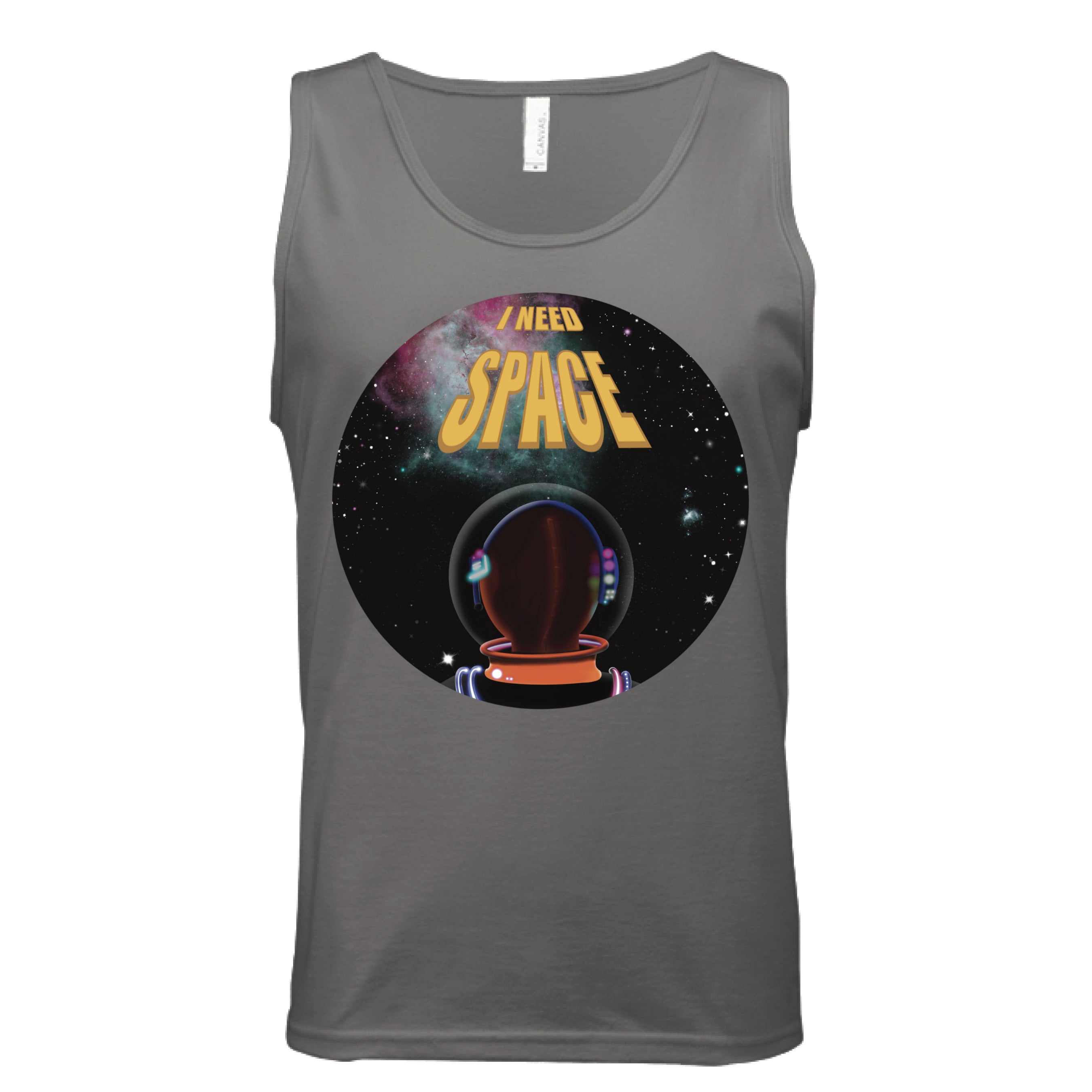 This is the Dark Grey I Need Space Tank by Lee Hansheng Studios. This is showcasing the front. The design is a circle and of an astronaut facing the front. The astronaut is looking towards space black sky, twinkling green, yellow, pink stars and nebula that is pink/red and green closer to the left. The words in yellow, "I NEED SPACE" in the middle, space being larger font than I need. It is against a white background. 