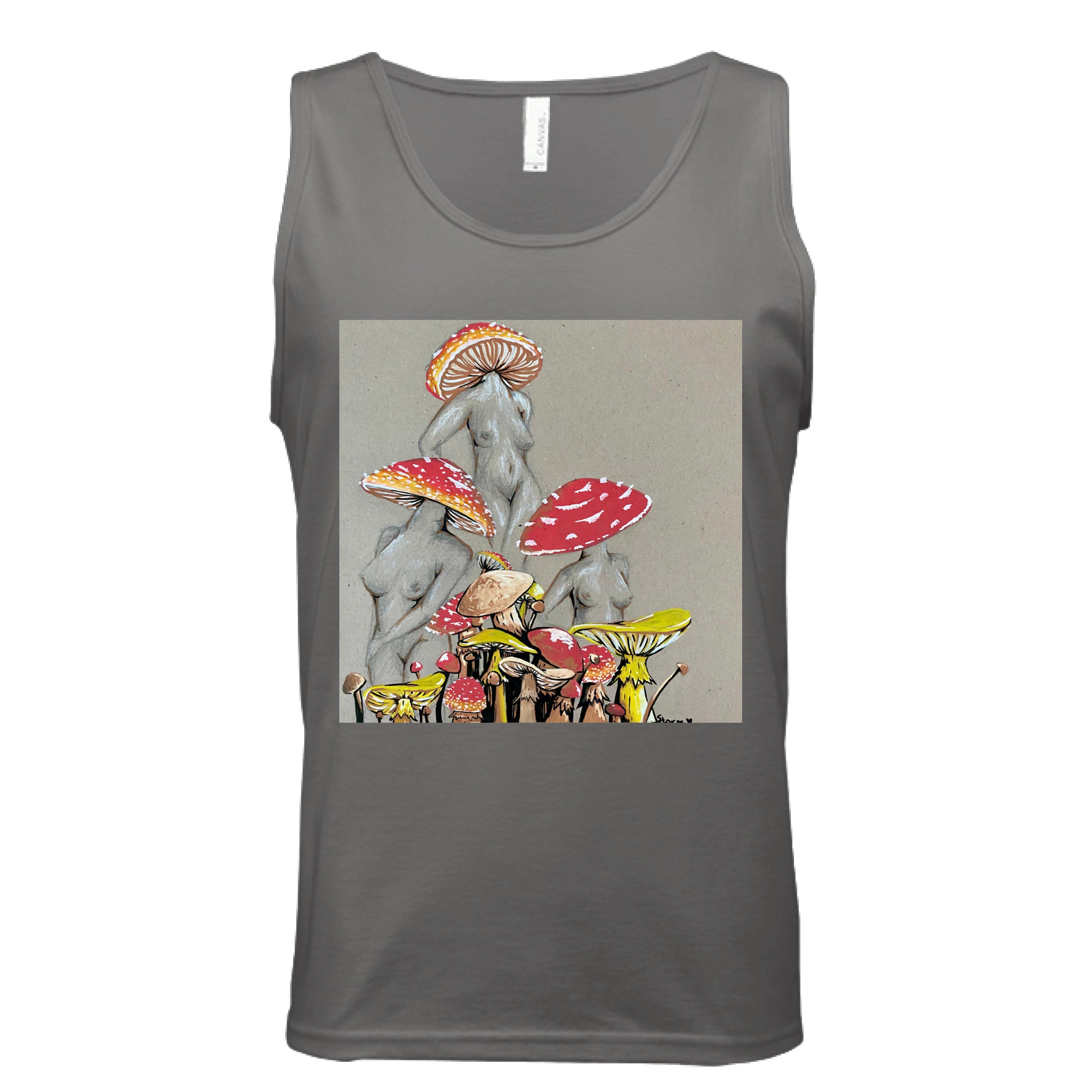 This is the Dark Grey Miss Amanita Muscle Tank by Storm Garden Studio. This is showcasing the front. This illustration is on tan/grey background. There are three fusions of female human anatomy and mushroom fungi. Their heads are different styles of mushrooms, bodies are a gray/white outlined in brown. Below are different mushrooms and shapes with a mix of tan, red, white and yellow colors. It is against a white background.