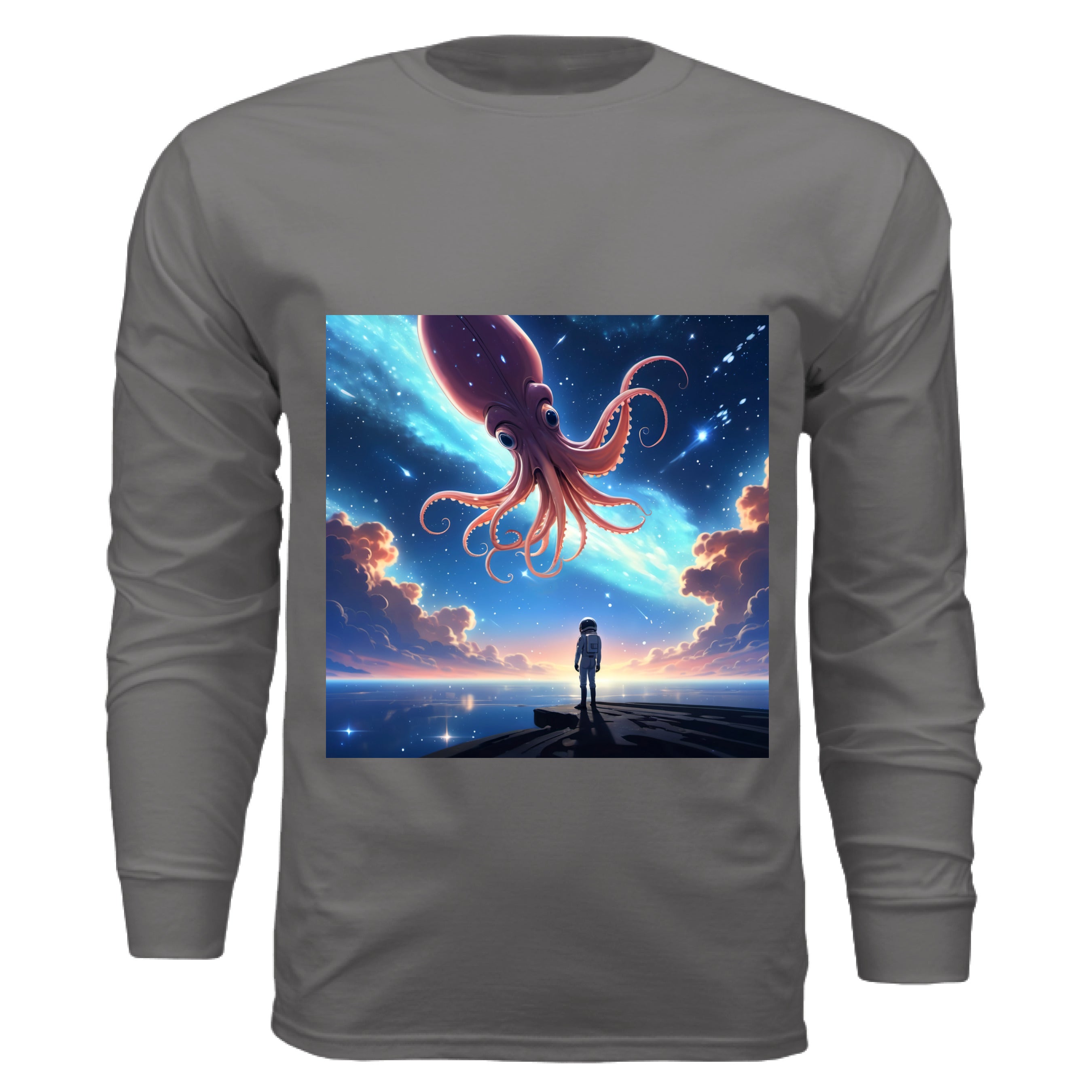 This is the Dark Grey Star Maker Long Sleeve by Lee Hansheng Studios. The illustration features a lone astronaut in white, standing on a dark surface gazing at a pink octo-squid alien, drifting through a sky. The sky is alive with stars, nebulae, and clouds. The clouds are drifting up at the right and left with pink/blue hues. The sky is a light blue and the drifting stars behind the animal is a light blue. It is against a white background. 