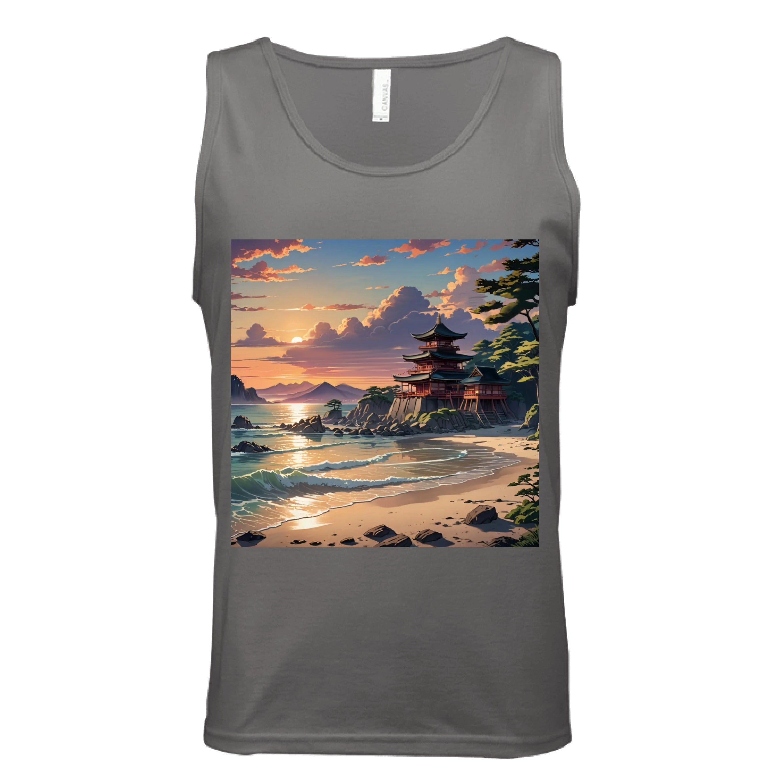 This is the Dark Grey Temple of Peace Tank by Lee Hansheng Studios. This is showcased from the front. The illustration in the forefront are crashing light blue, white waves hitting the tan beach, scattered rocks lining the beach to the right where trees are peaking out. In the back is a temple on rocky land that is red with green/black tops. In the background are more mountains and fluffy clouds with the sun rising. The sky is mixed with blue, yellow and red colors. It is against a white background. 
