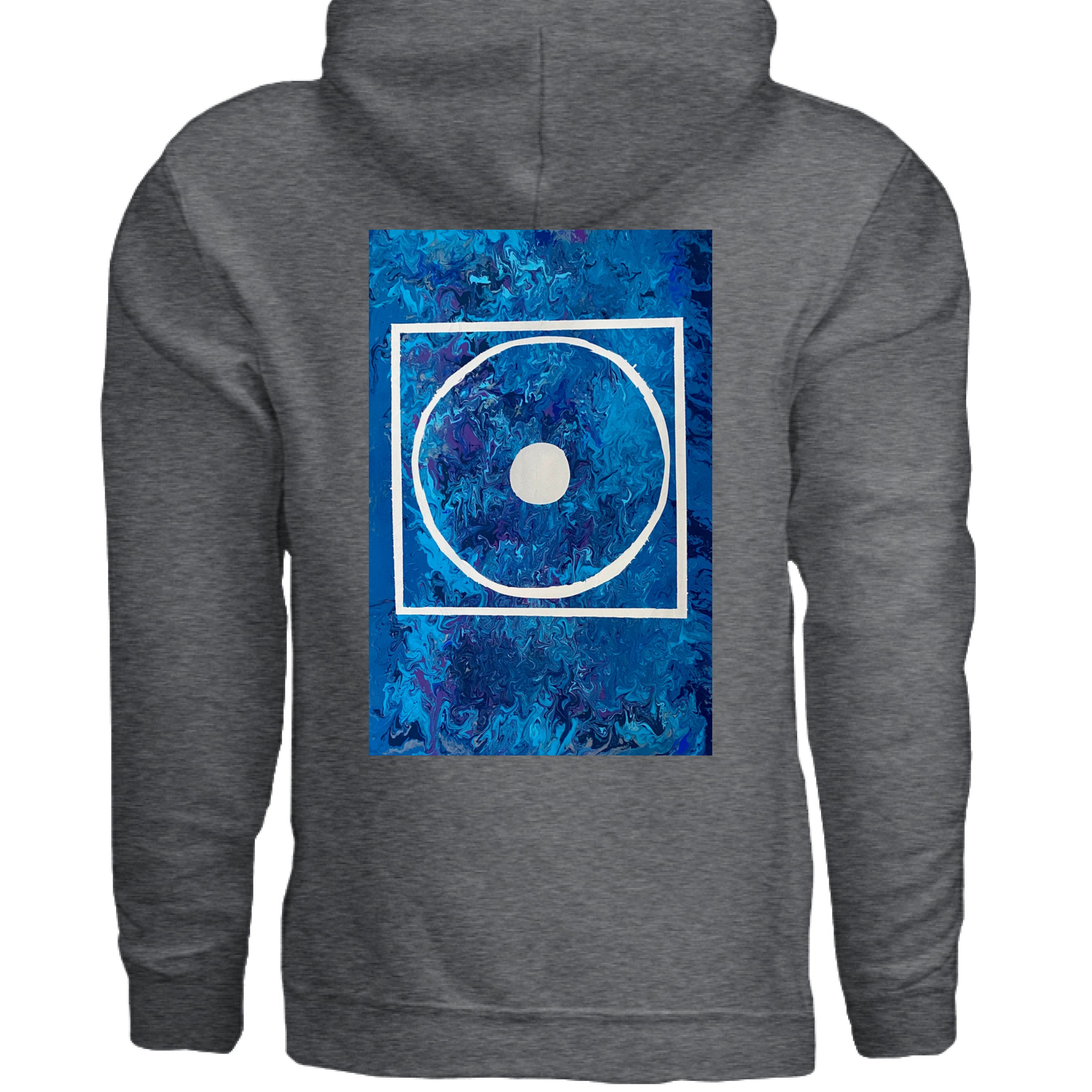 This is the Dark Heather Big Low Hoodie by Storm Garden Studio. This is showcasing the back of the hoodie. The illustration is rectangular and has a white filled in dot, within a outlined circle, within a outlined rectangle. The background is a mix and dip of different blues. The back has the hood and right below is the illustration. There isn't anything below the illustration. The hoodie is against a white background.