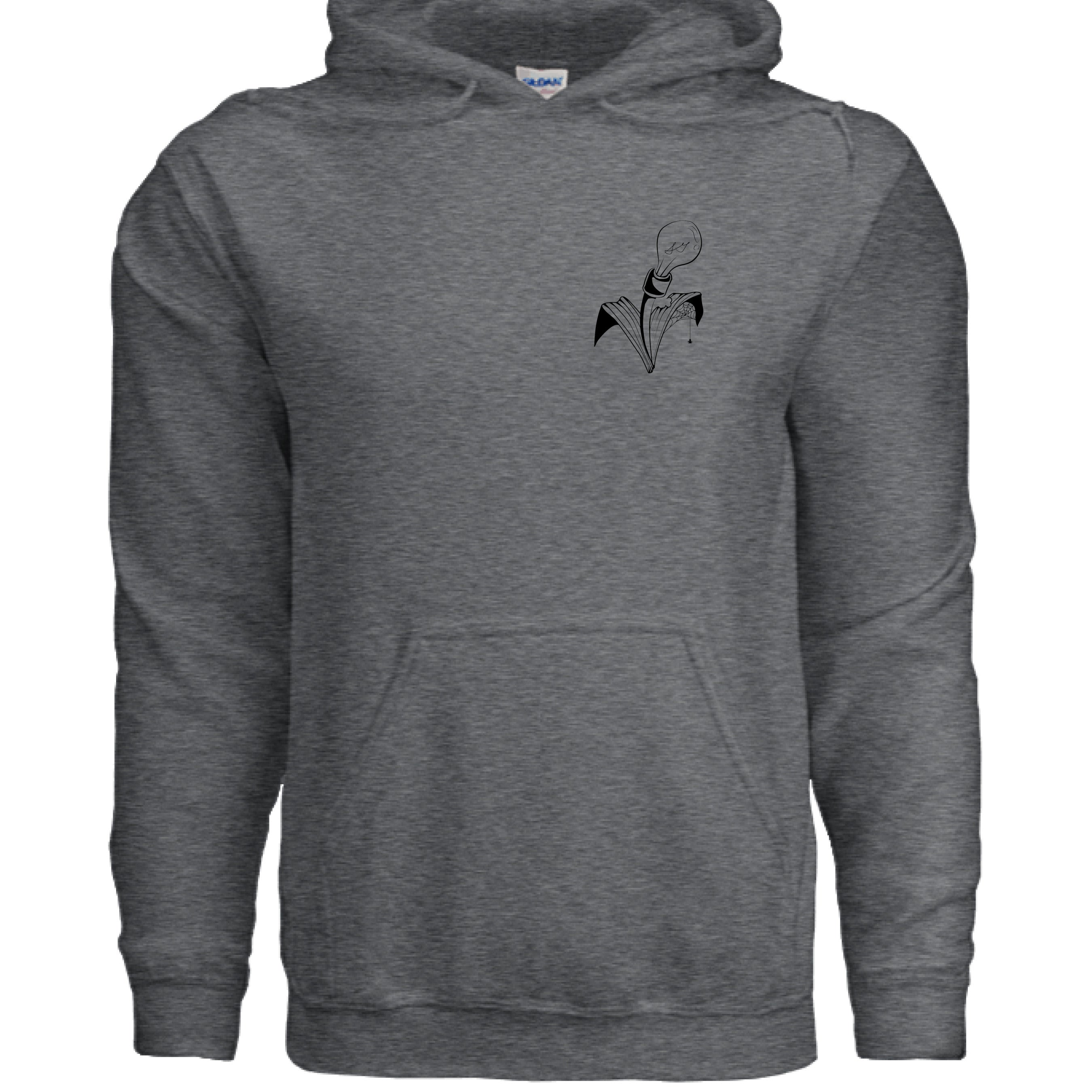 This is the Dark Heather Big Low Hoodie by Storm Garden Studio. This is showcasing the front of the hoodie. There's a hood with two drawstrings connected to it. On the right is the studio's logo in black. It is a plant with a spider web and tiny spider on a bitten leaf to the right. The plant flower on top is a light bulb. There's a large pouch from the mid and bottom of the hoodie. It is against a white background. 