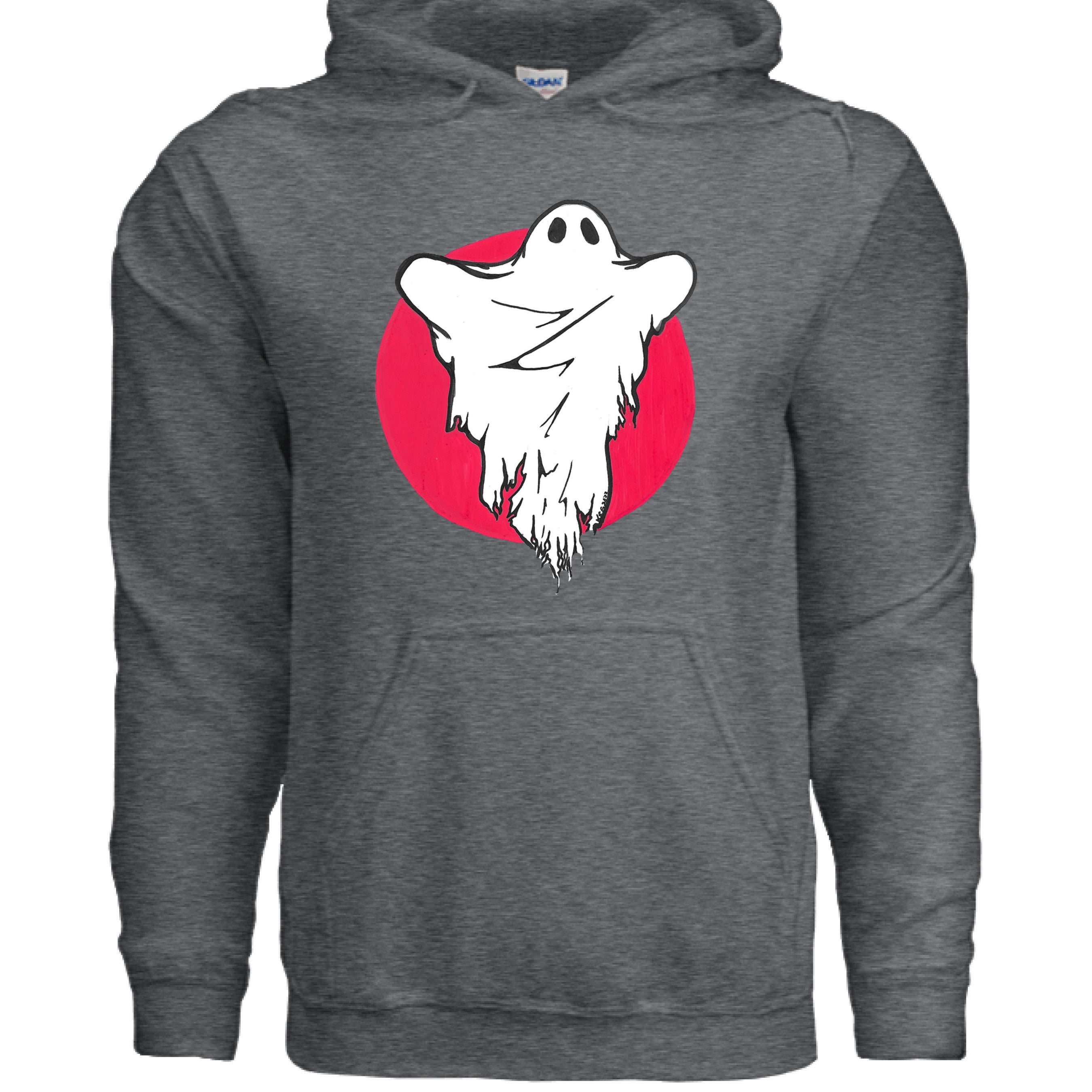 This is the Dark Heather Ghost Hoodie by Storm Garden Studio. This is showcasing the front of the hoodie. The illustration has a red circular background and a white ghost with black outline and black wrinkling around the middle. There are two drawstrings on the hoodie and a large pouch under the illustration. It is against a white background.