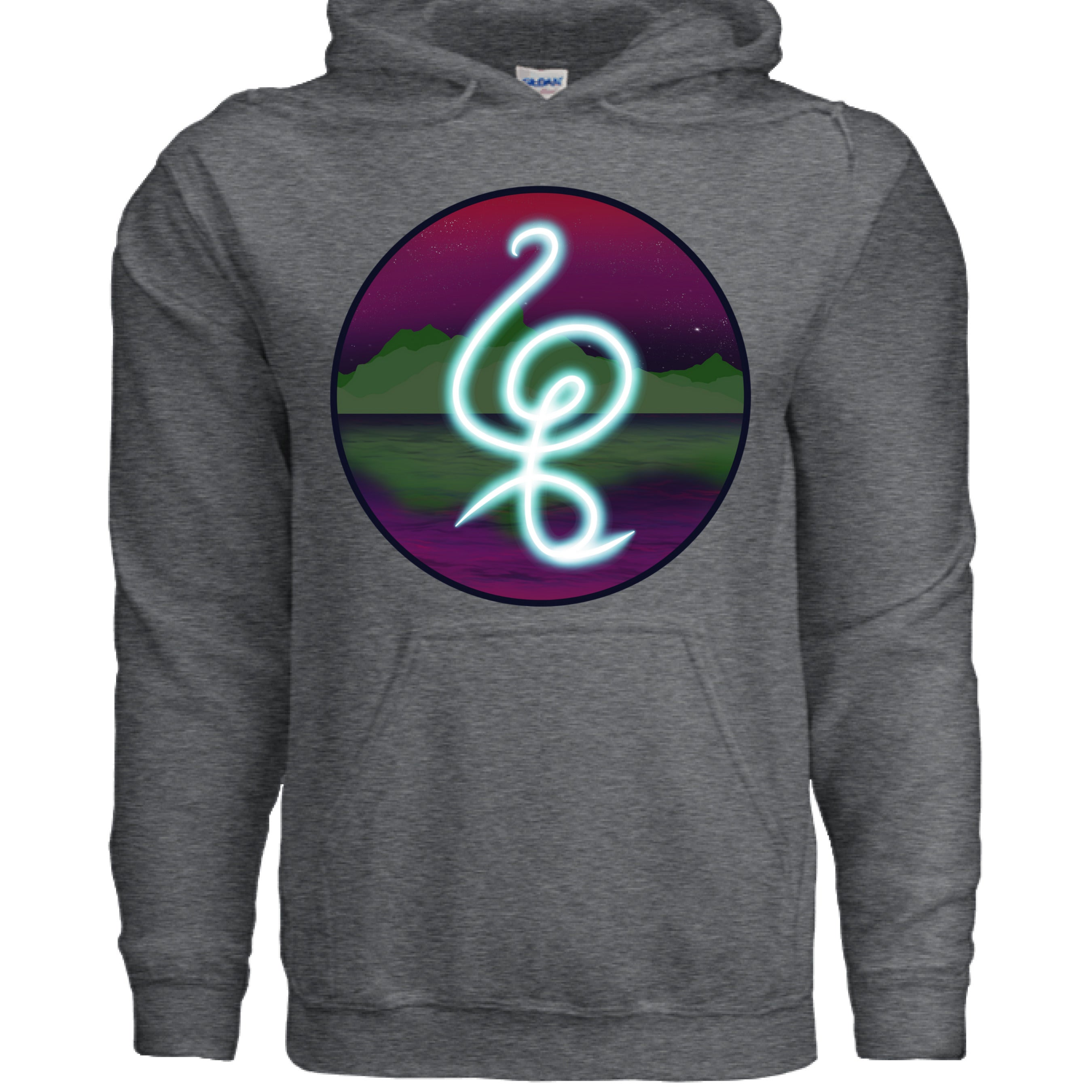 This is the Dark Heather Hakuna Matata Hoodie by Lee Hansheng Studios. This is showcasing the front. The illustration is circular and has a glowing, freeform symbol in luminous turquoise against a cosmic horizon of deep purples and greens with twinkling yellow stars. There is a large pouch under the design and drawstrings on the hoodie. White size label can be seen from inside. It is against a white background.  