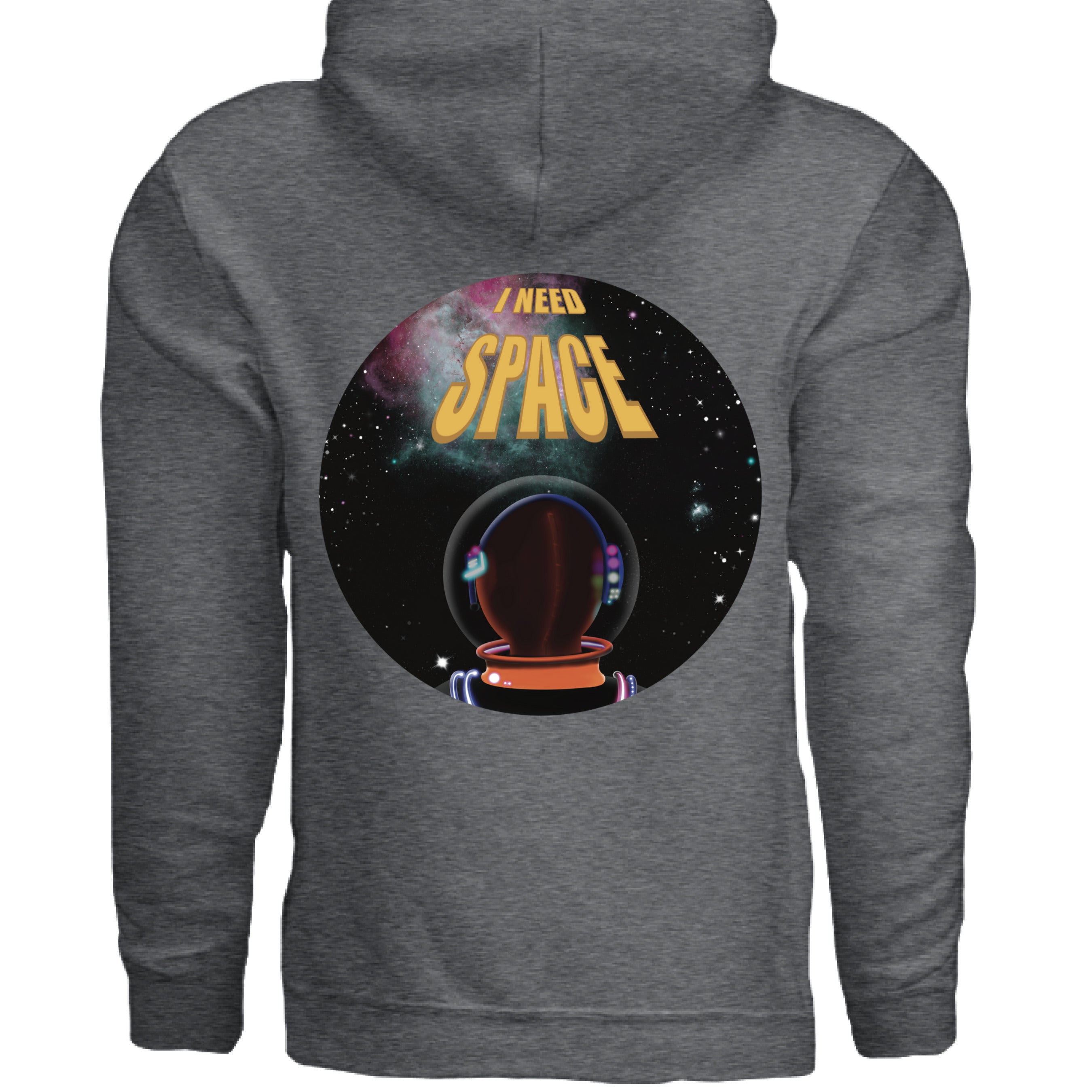 This is the Dark Heather I Need Space Muscle Tank by Lee Hansheng Studios. This is showcasing the back. The design is a circle and of an astronaut facing the front. The astronaut is looking towards space black sky, twinkling green, yellow, pink stars and nebula that is pink/red and green closer to the left. The words in yellow, "I NEED SPACE" in the middle, space being larger font than I need. The hood is showing and the design is below the hood. It is against a white background. 