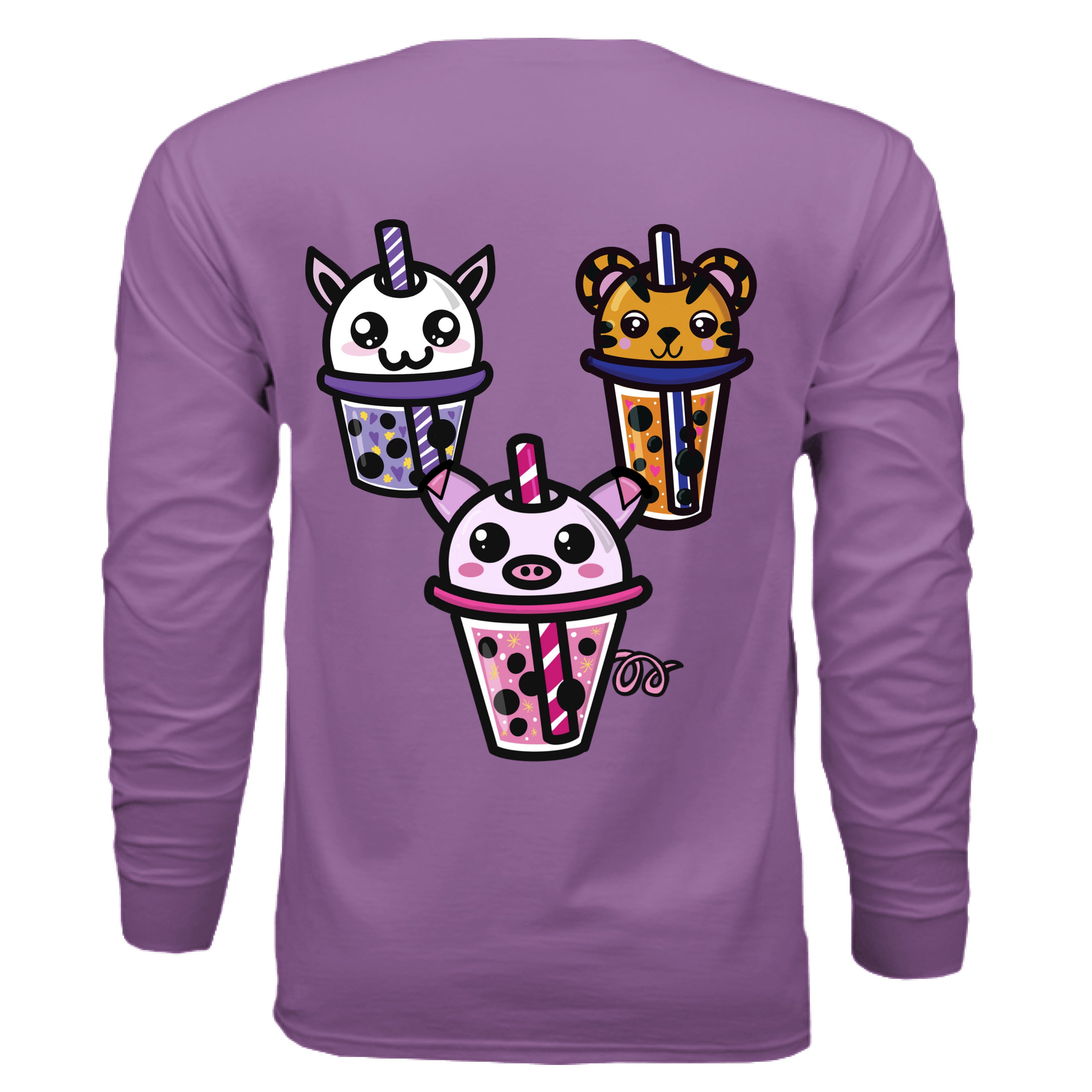 This is the Dark Lavender Boba Friends Long Sleeve by Dazzle & Daggers Design. This is showcasing the back that features three kawaii designs in a triangle.The Piggy Boba is pink all over and the glass has pink liquid, boba, yellow sparkles,white dots and peppermint swirl like. Thai Tea Tiger is orange, orange liquid, black boba, white dots, red hearts, blue and white striped straw. The Cryptid Boba is white, purple and white swirl straw, purple liquid, black boba, yellow stars and purple hearts.