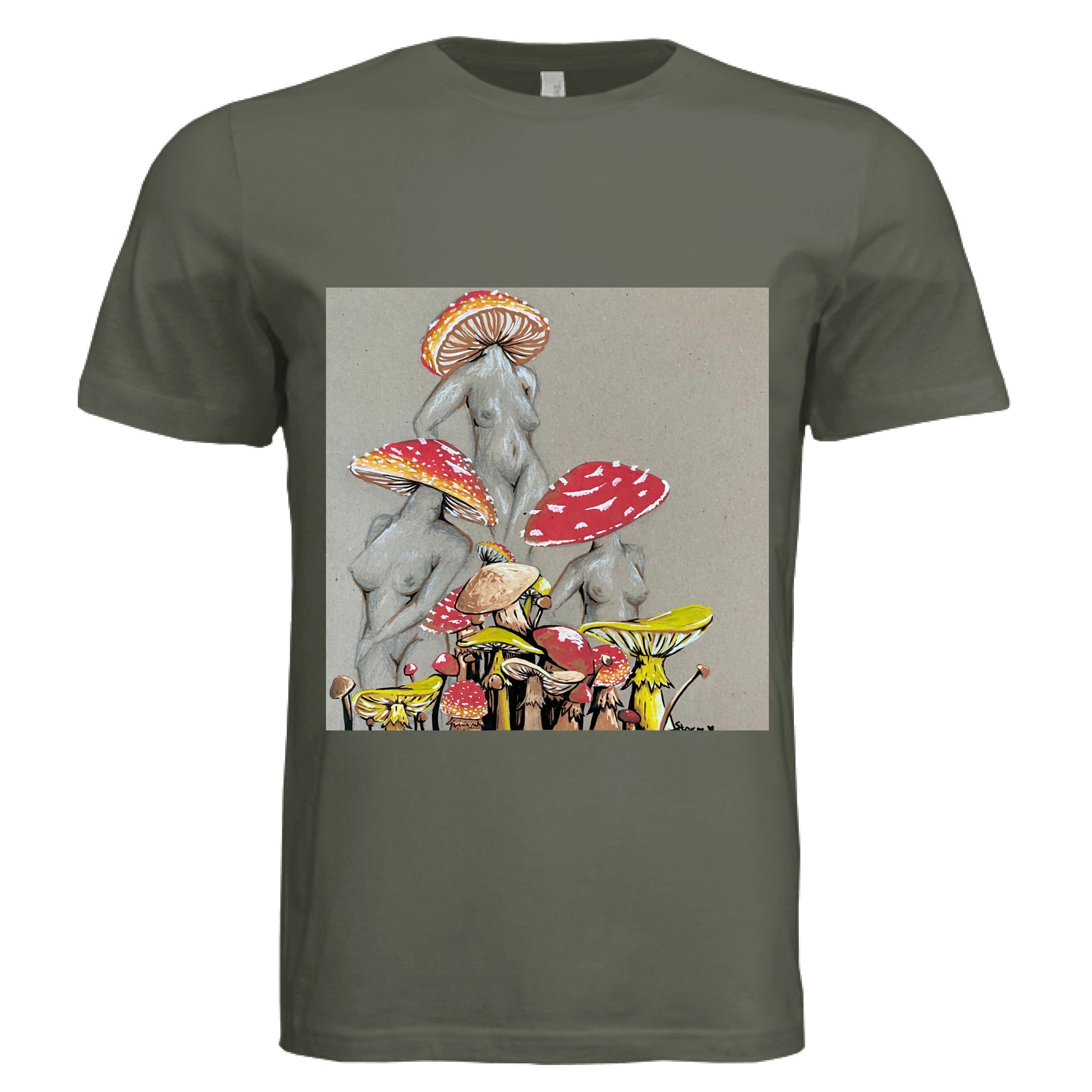 This is the Dark Olive Miss Amanita T-Shirt by Storm Garden Studio. This is showcasing the front. This illustration is on tan/grey background. There are three fusions of female human anatomy and mushroom fungi. Their heads are different styles of mushrooms, bodies are a gray/white outlined in brown. Below are different mushrooms and shapes with a mix of tan, red, white and yellow colors. It is against a white background.