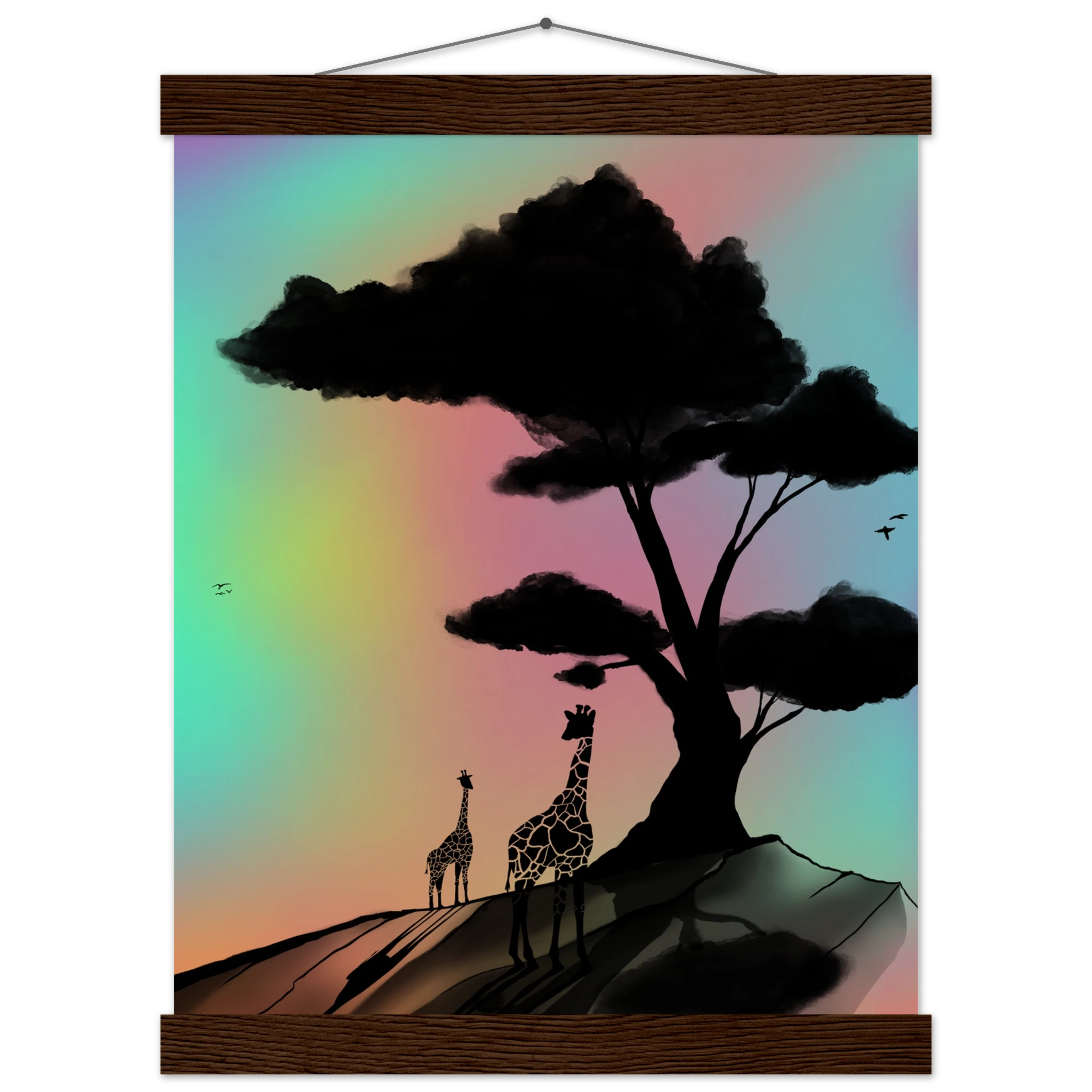 This is the Dark Wood 11" x 14" At a Glance Poster with Hanger by Lee Hansheng Studios. The hanger is on the top with wood pieces on the top and bottom. The illustration is a sillouhette of a large tree, two giraffes on a rocky hill. In the background are hues and gradients of green, yellow, purple, and red. The giraffes are looking towards to each other. It is against a white and black checkered background. 