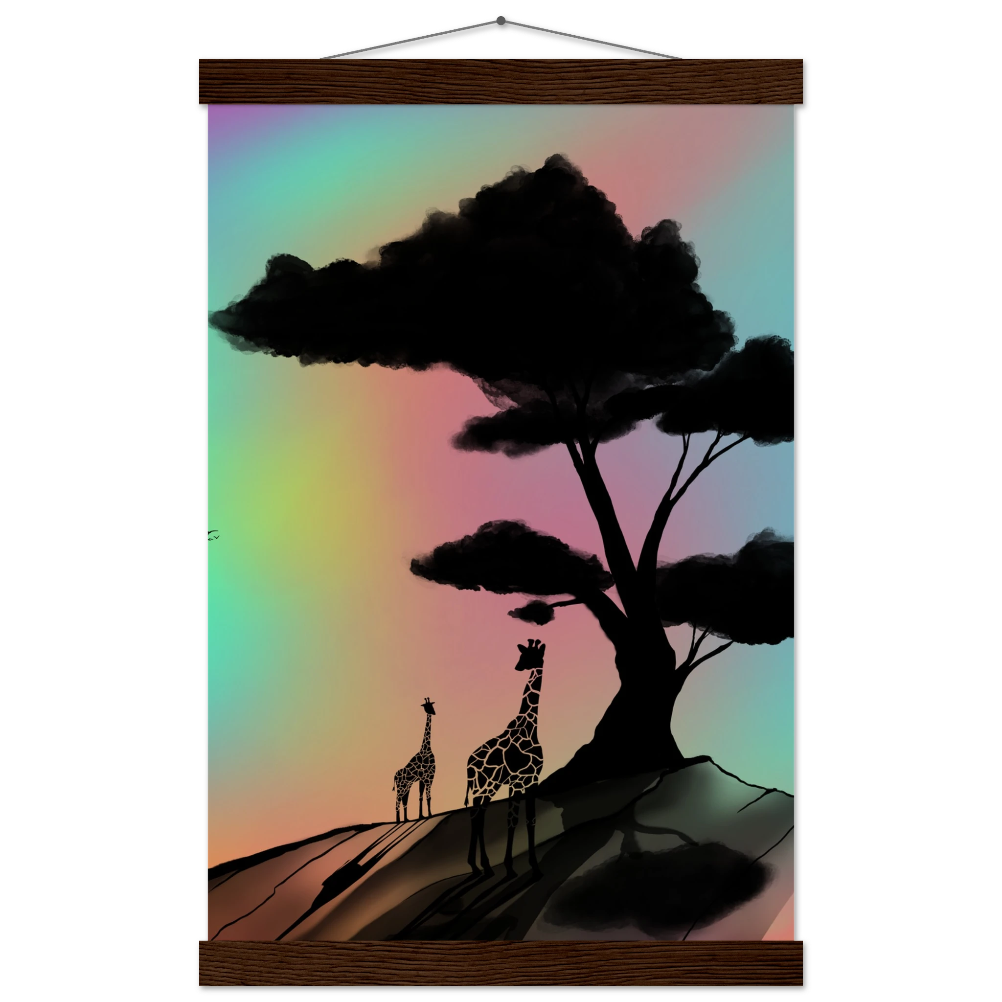 This is the Dark Wood 11" x 17" At a Glance Poster with Hanger by Lee Hansheng Studios. The hanger is on the top with wood pieces on the top and bottom. The illustration is a sillouhette of a large tree, two giraffes on a rocky hill. In the background are hues and gradients of green, yellow, purple, and red. The giraffes are looking towards to each other. It is against a white and black checkered background. 