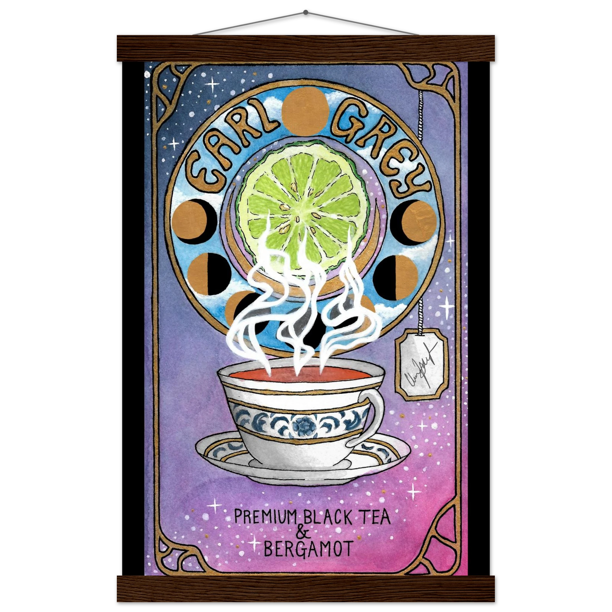 This is the Dark Wood 11" x 17" Earl Grey Poster with Hanger by Chris Foster Design. The illustration is Art Nouveau–inspired design with a blue, white, gold teacup and saucer design. Rich jewel tones, ornate patterns, and the rising steam of bergamot blend. "EARL GREY" outlined in black and font is gold. Under the cup is "PREMIUM BLACK TEA & BERGAMOT" in black. the background is a gradient of blue, purple and pink with glistening white/gold stars. Around there is gold framing like a tarot card.