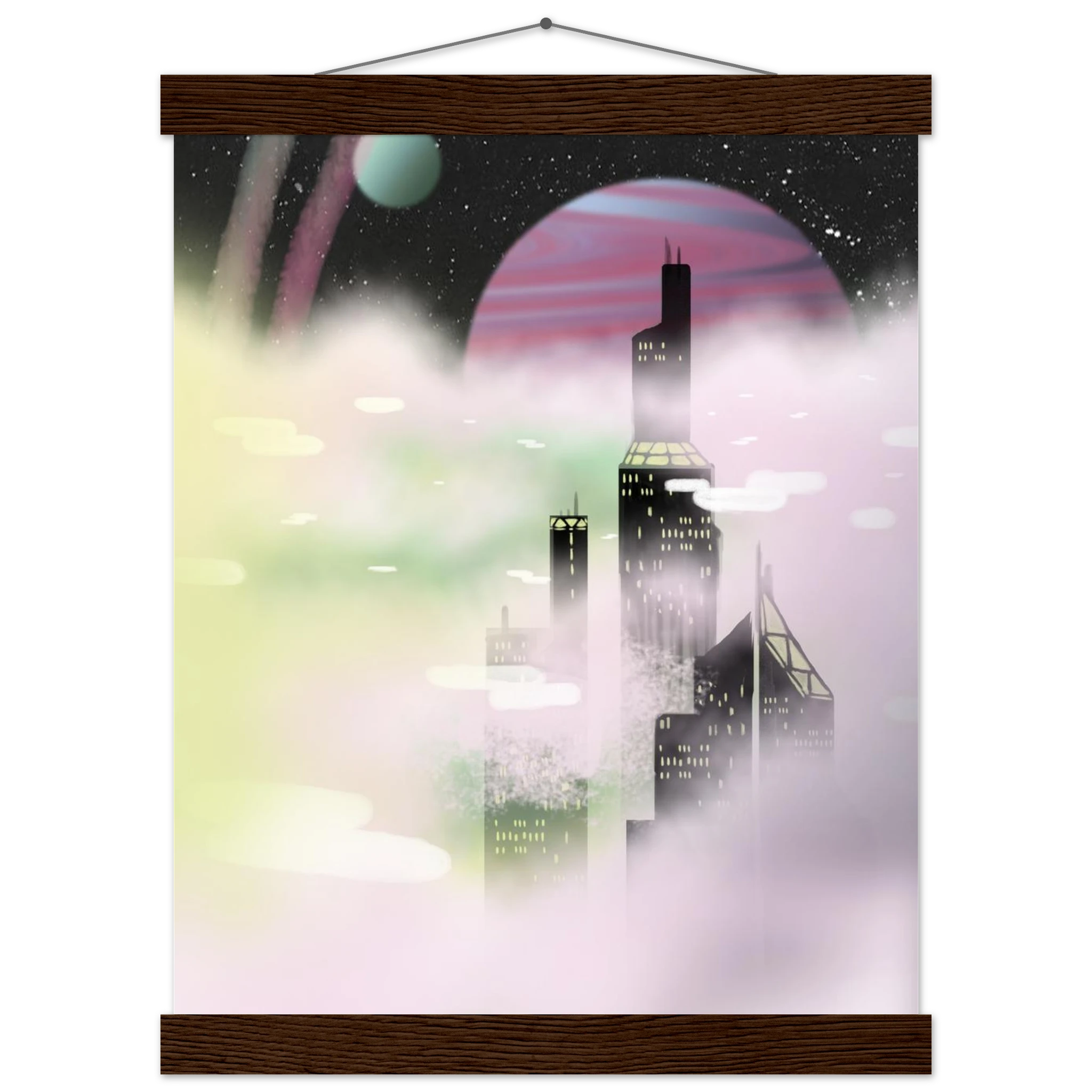 This is the Dark Wood 11" x 14" Space Environment Poster with Hanger by Chris Foster Design. It has a hanger attached to wood on the top. Wood on the bottom. Similar to a scroll. The illustration blends the sharp geometry of towering buildings shadowed in black with yellow windows. Ethereal glow of planetary skies including a dark sky, white dots as stars, circular planet in light blue, pink/purple, streaks of blue/pink in the sky and drifting clouds with hues of green, pink and white. 