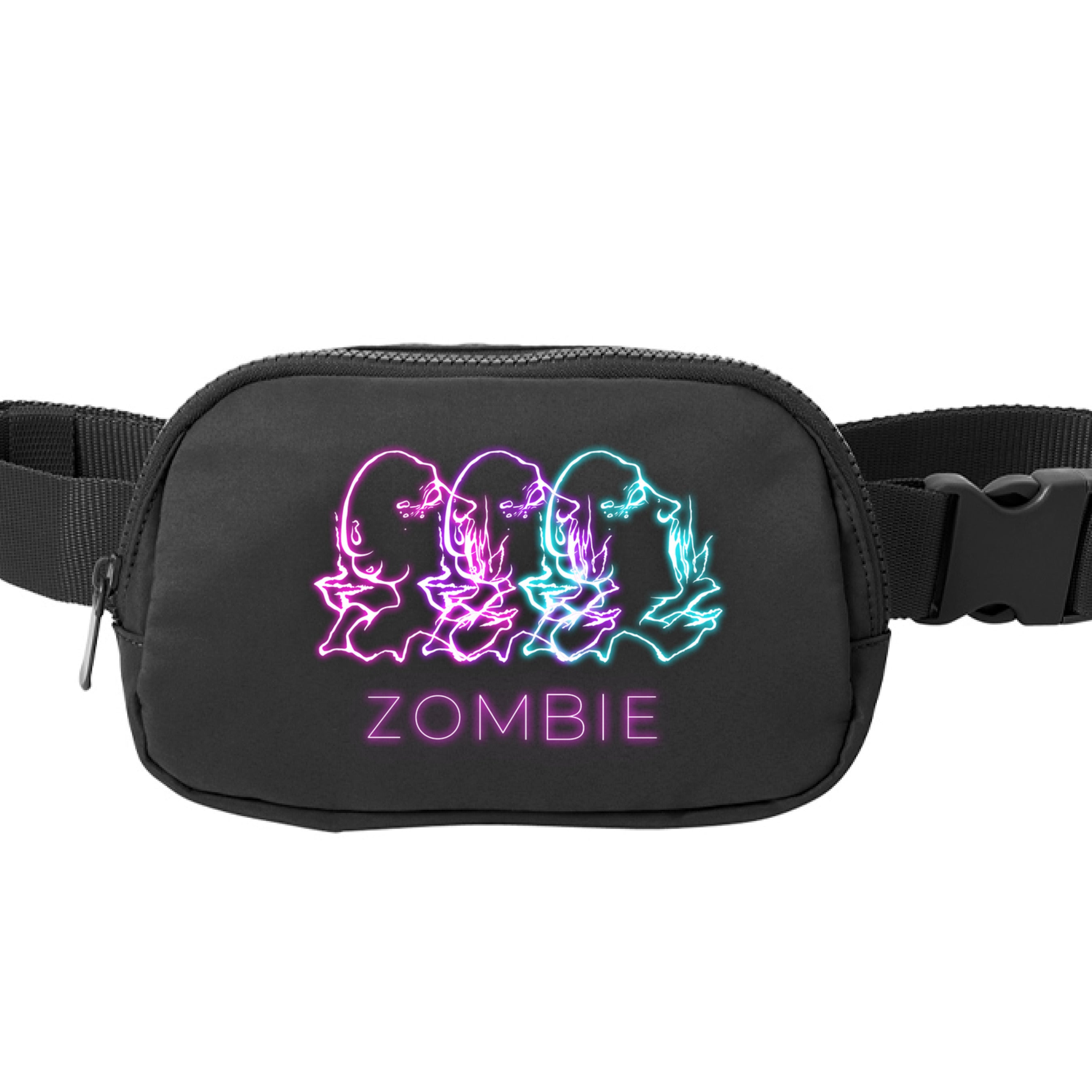 This is the Deep Black Zombie Hip Pack by Chris Foster Design. This is showcasing the front. The illustration has retro arcade vibes. The colors are vibrant pink, purple and teal in neon. The zombies are layered together facing the right with their mouths open looking up. Below are the words in neon pink/purple, "ZOMBIE". The hip pack has a buckle to the left and zipper on the right. It is against a white background. 