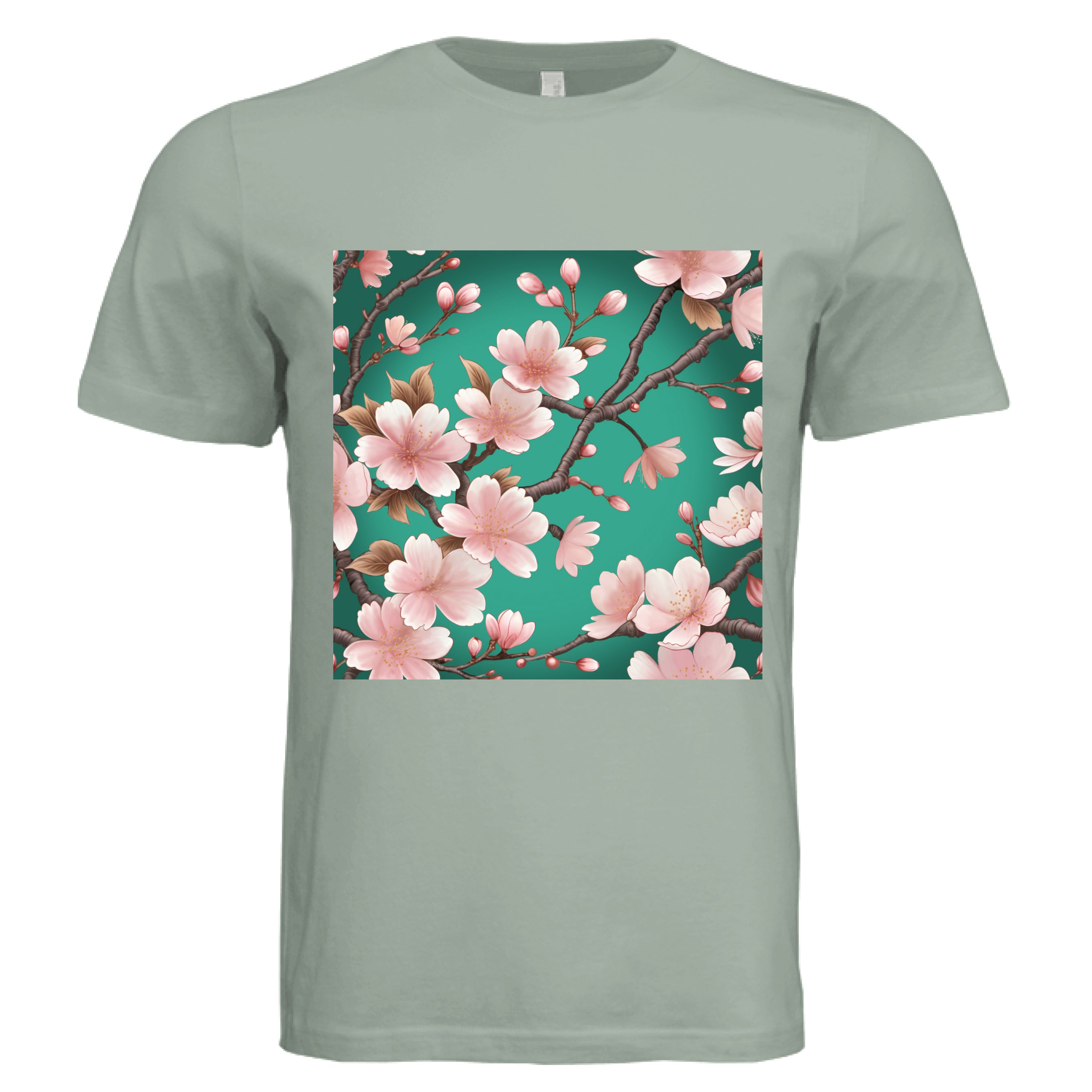 This is the Dusty Blue Sakura T-Shirt by Lee Hansheng Studios. This is showcasing the front of the shirt. The color of the shirt is closer to green. The illustration has a vibrant green background with soft pink cherry blossom blooms of petals on dark brown/grey branches celebrating hanami season. There are fully bloomed flowers and some buds throughout. The white size tag can be seen from the back. The image is from the chest to above the belly button. It is against a white background. 