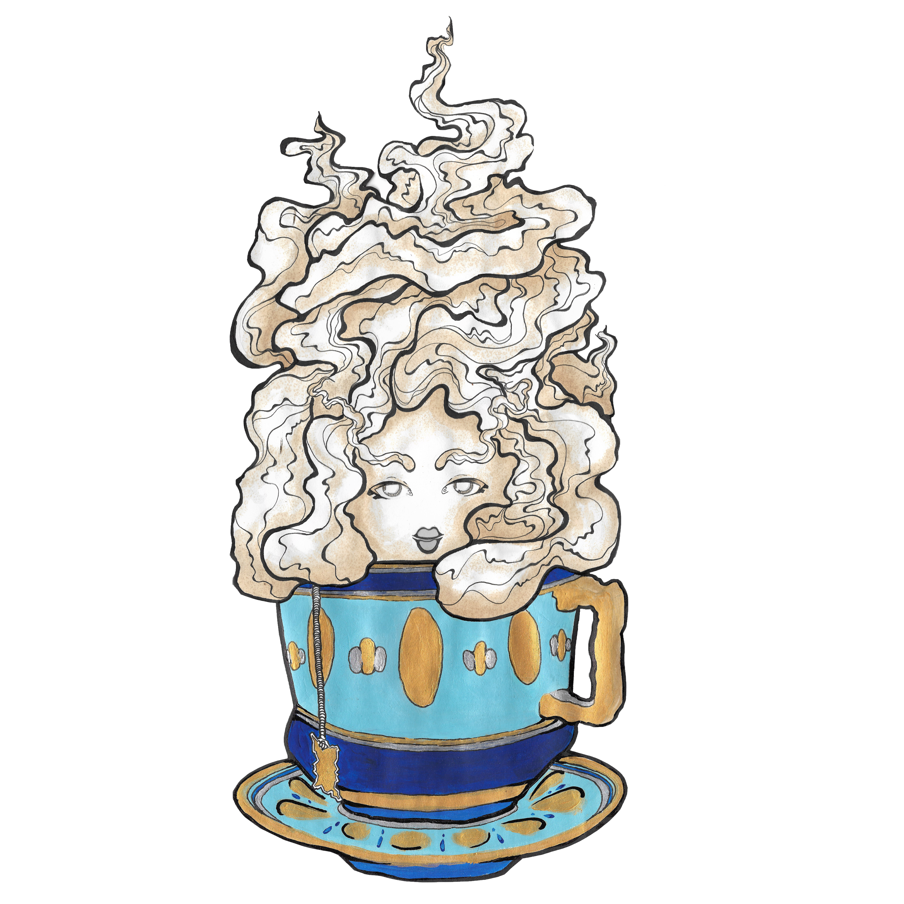 This is the Earl Grey Sprite by Chris Foster Design. The Illustration of a woman's face, eyebrows and hair are steam. It is white, tan/biege with darker lips. She is emerging from an intricate blue and dark blue teacup with a saucer. There are gold oval and charms all over the cup.