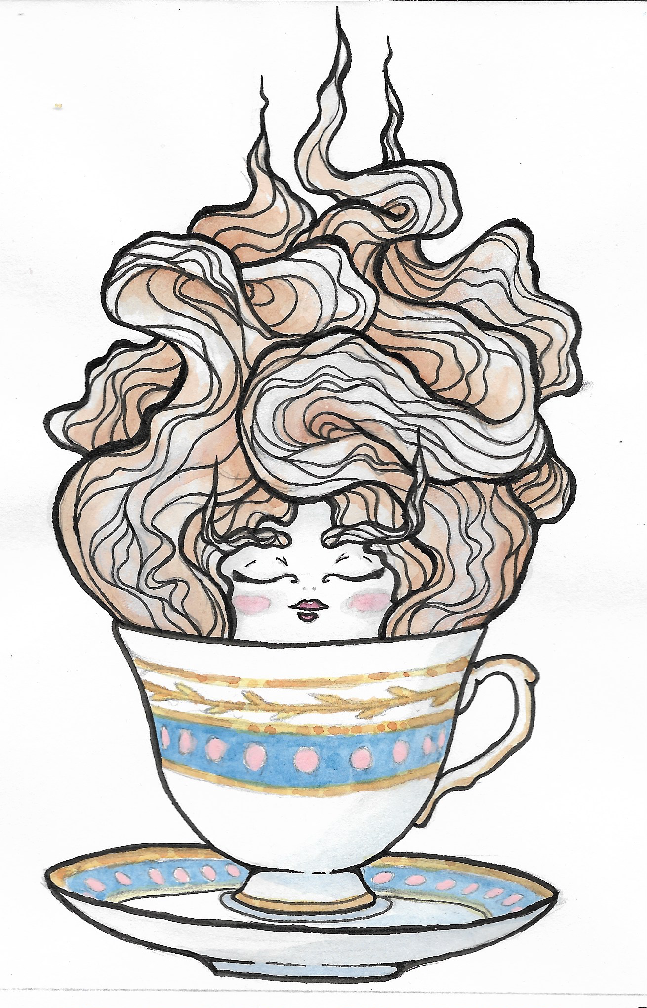 This is the English Breakfast Tea Sprite Sticker by Chris Foster Design. IT is an illustration of a woman with wavy/steam hair inside an intricate white teacup that has pink, gold leaves and blue straight along the cup and saucer. She is emerging from the teacup and has rosy cheeks and darker pink lips. She is against a white background. 