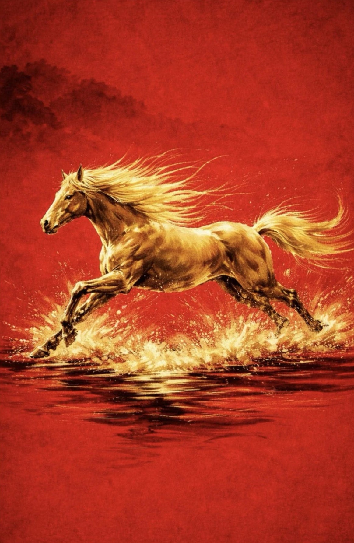 Golden Horse on red back ground in sumi-e ink and paint