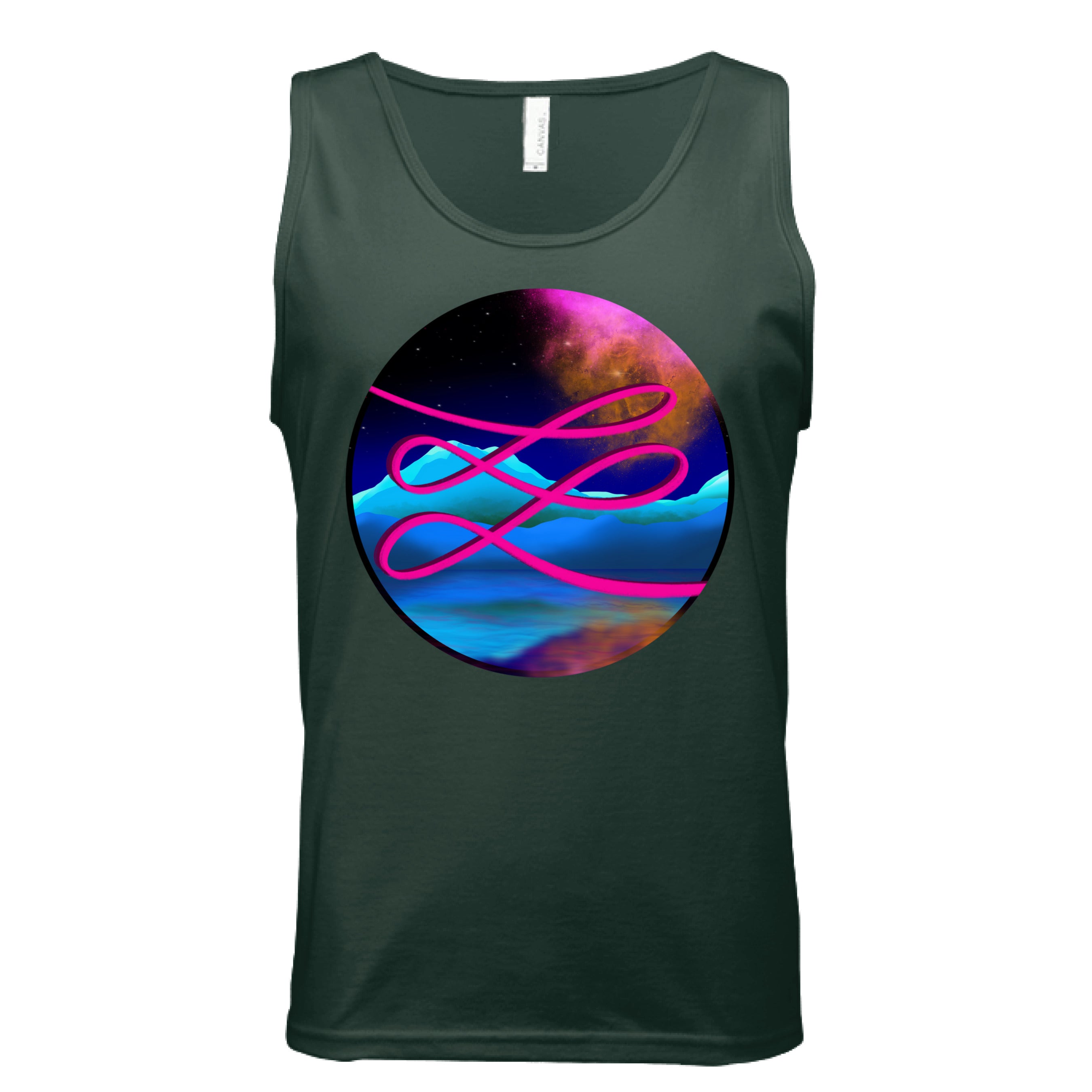 This is the Forest Calligraphers Swirl Tank by Lee Hansheng Studios. This is showcasing the front. The illustration is circular and has a neon pink handwritten lines across the whole art. The background is a cosmic drop with blue mountains, galaxy like sky with dark purple, pink and orange colors. It is against a white background.