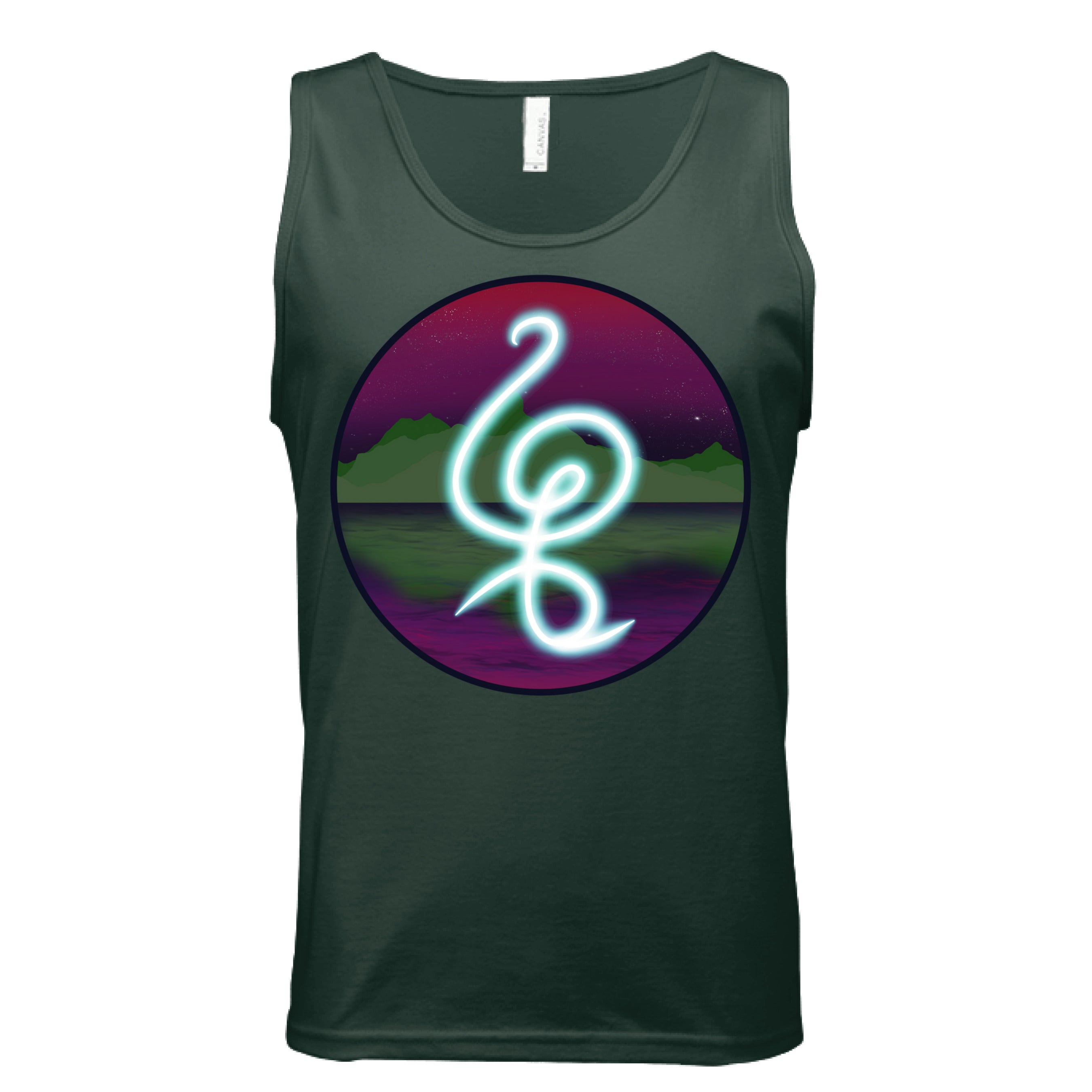 This is the Forest Hakuna Matata Tank by Lee Hansheng Studios. This is showcasing the front. The illustration is circular and has a glowing, freeform symbol in luminous turquoise against a cosmic horizon of deep purples and greens with twinkling yellow stars. White size label can be seen from inside. It is against a white background.  