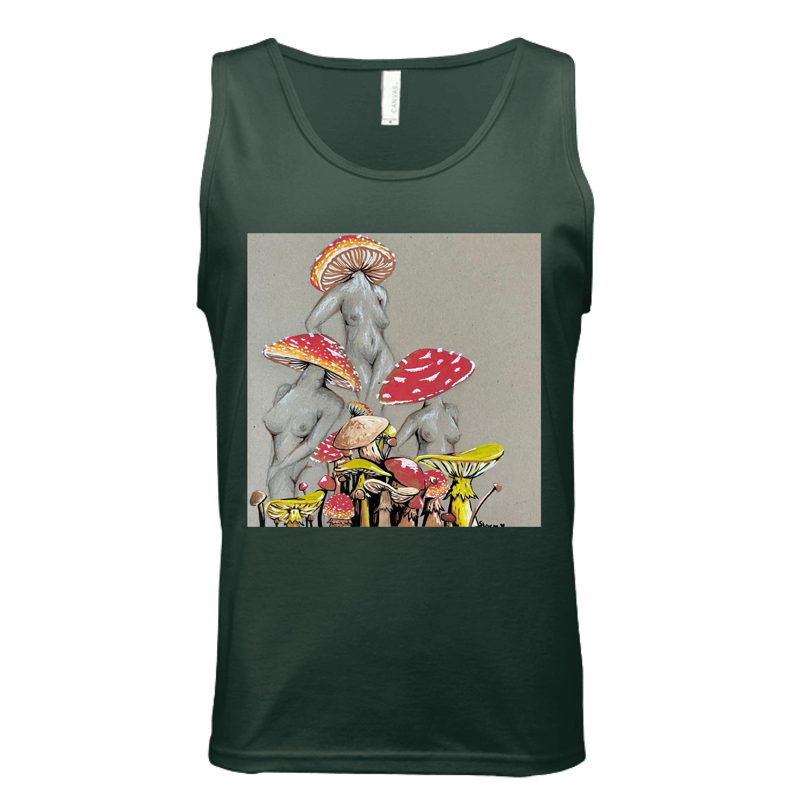 This is the Forest Miss Amanita Tank by Storm Garden Studio. This is showcasing the front. This illustration is on tan/grey background. There are three fusions of female human anatomy and mushroom fungi. Their heads are different styles of mushrooms, bodies are a gray/white outlined in brown. Below are different mushrooms and shapes with a mix of tan, red, white and yellow colors. It is against a white background.