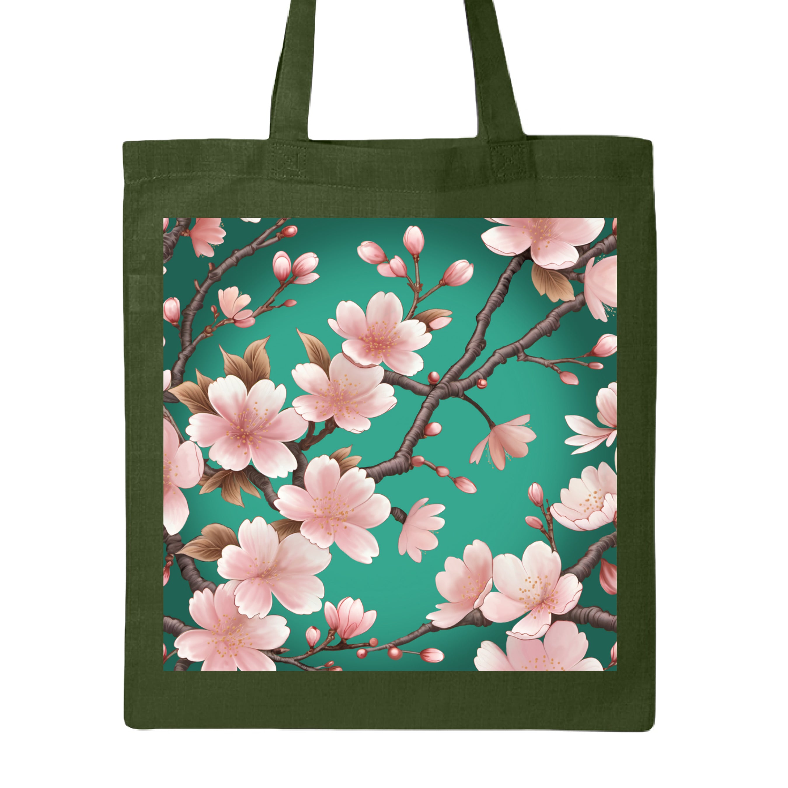 This is the Forest Sakura Canvas Tote by Lee Hansheng Studios. This is showcasing the front of the tote. The illustration has a vibrant green background with soft pink cherry blossom blooms of petals on dark brown/grey branches celebrating hanami season. There are fully bloomed flowers and some buds throughout. It is against a white background. 
