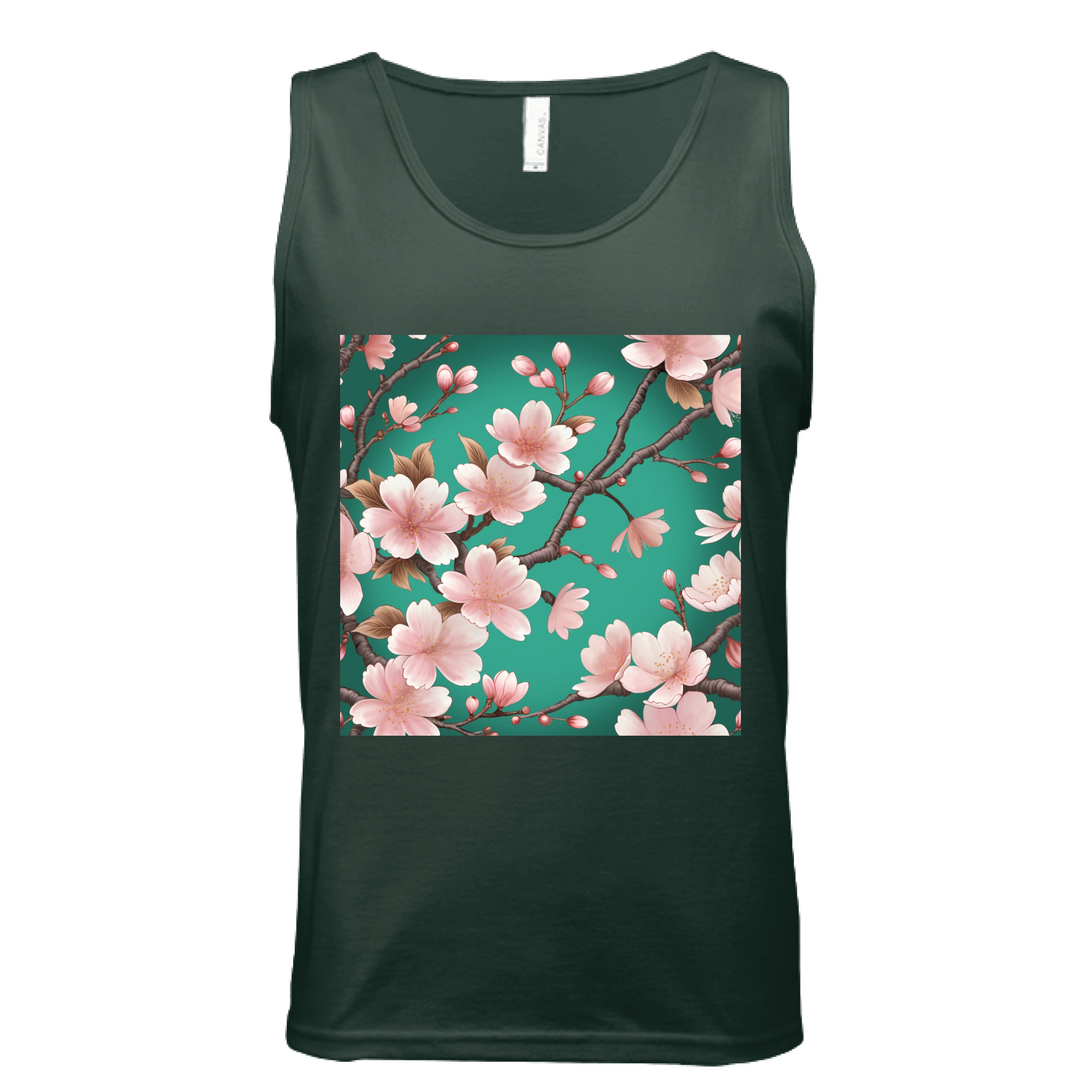 This is the Forest Sakura Tank by Lee Hansheng Studios. This is showcasing the front of the tank. The illustration has a vibrant green background with soft pink cherry blossom blooms of petals on dark brown/grey branches celebrating hanami season. There are fully bloomed flowers and some buds throughout. The white size tag can be seen from the back. The image is from the chest to belly button. It is against a white background. 