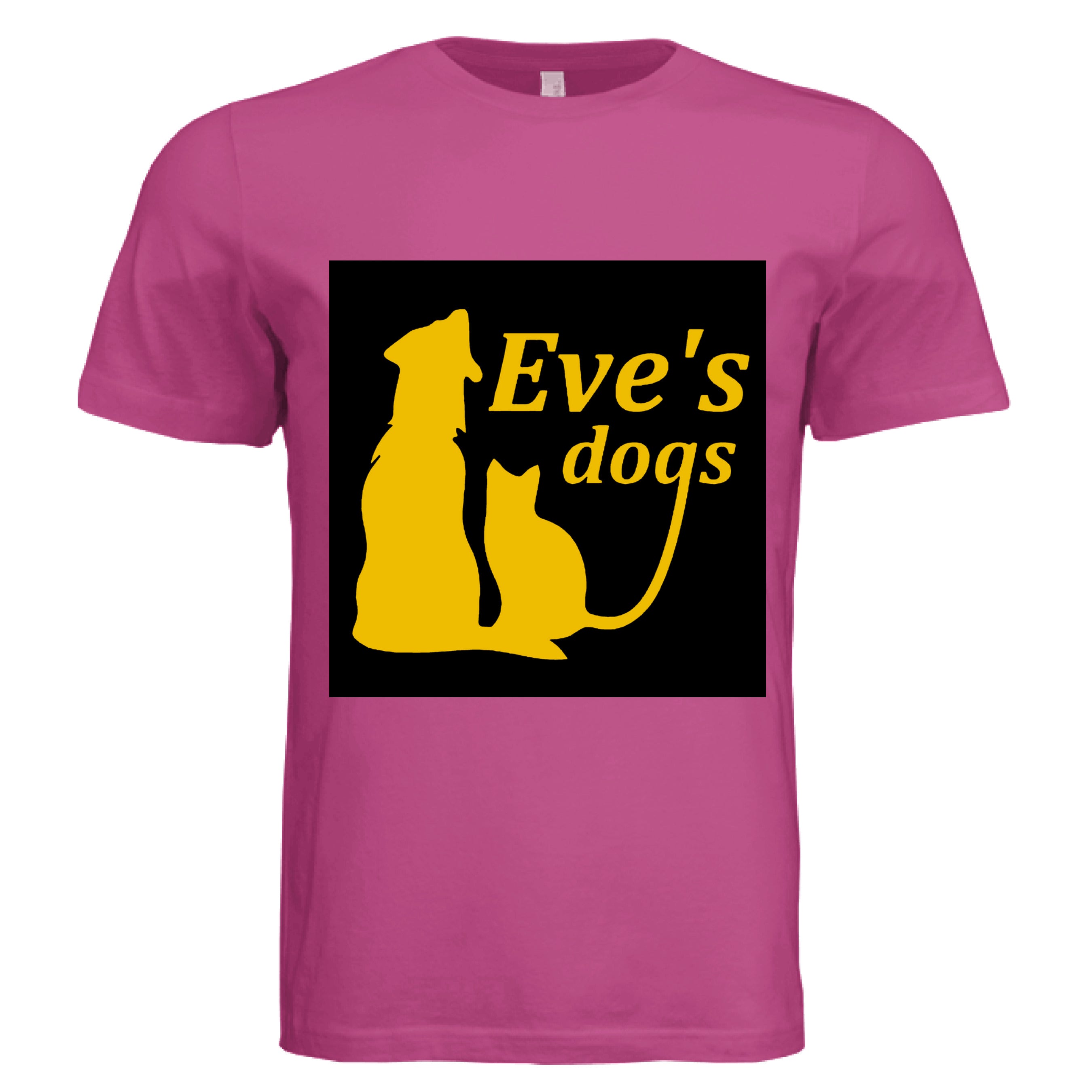 This is the Fuchsia Adopt Eve's Dogs T-Shirt to help raise awareness and adopt. This is showcasing the front of the shirt. There is an image of their logo which the background is black, yellow writing of "Eve's Dogs". The "g" connects to the tail of the cat who is sitting next to the dog. Both are yellow shadows. The white size label can be seen at the inside of the shirt. It is against a white background.